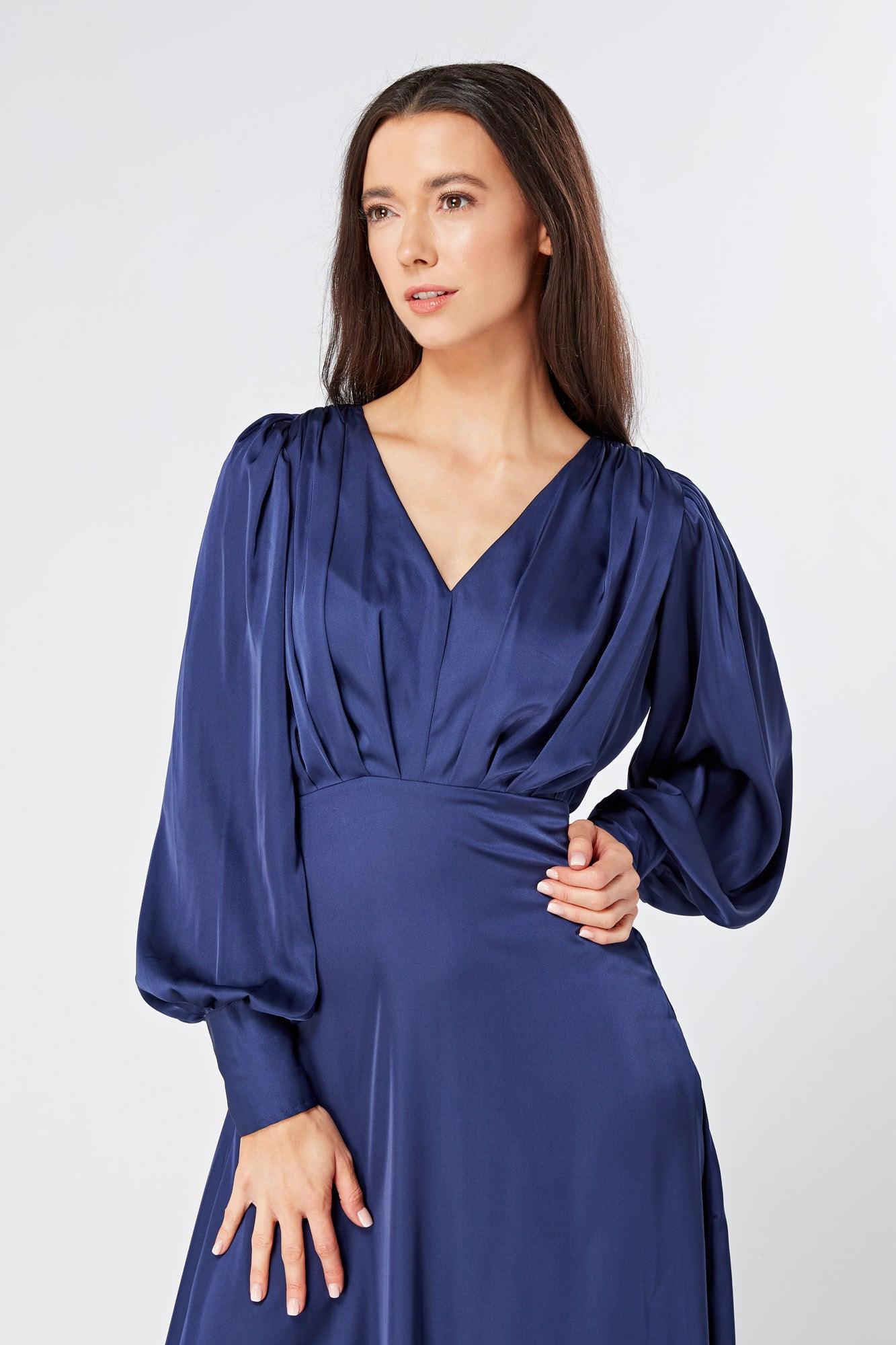 Afina Dark Blue Satin Maxi Dress With Long Sleeves - TAHLIRA