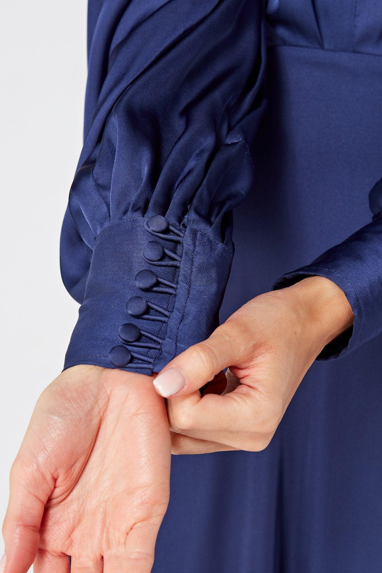 Afina Dark Blue Satin Maxi Dress With Long Sleeves - TAHLIRA