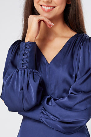 Afina Dark Blue Satin Maxi Dress With Long Sleeves - TAHLIRA