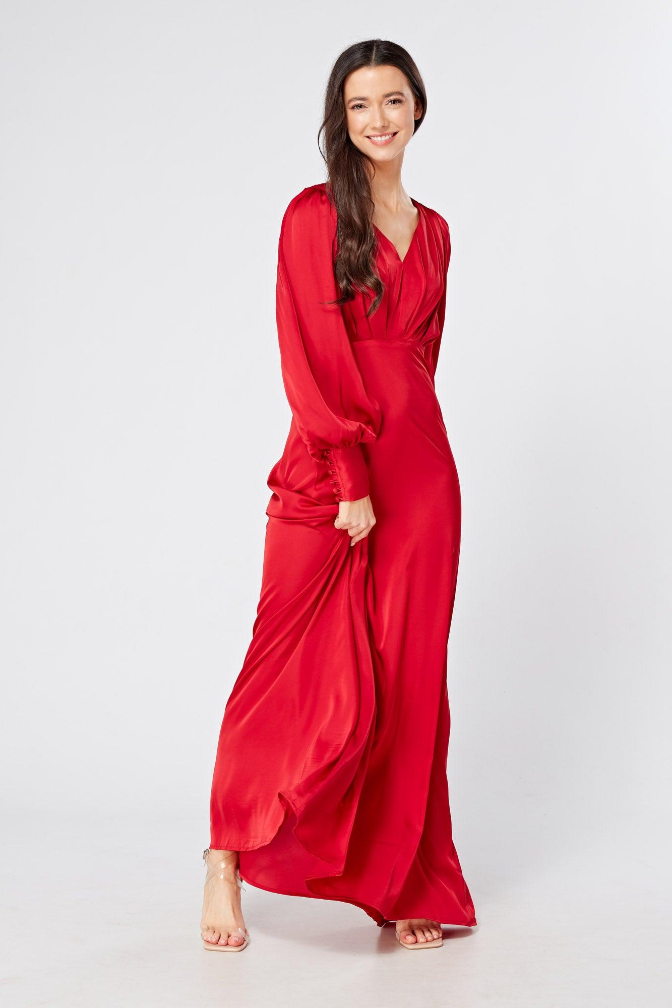 Valeria Scarlet Red Satin Luxury Maxi Dress With Long Sleeves - TAHLIRA