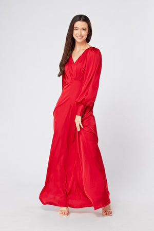 Valeria Scarlet Red Satin Luxury Maxi Dress With Long Sleeves - TAHLIRA
