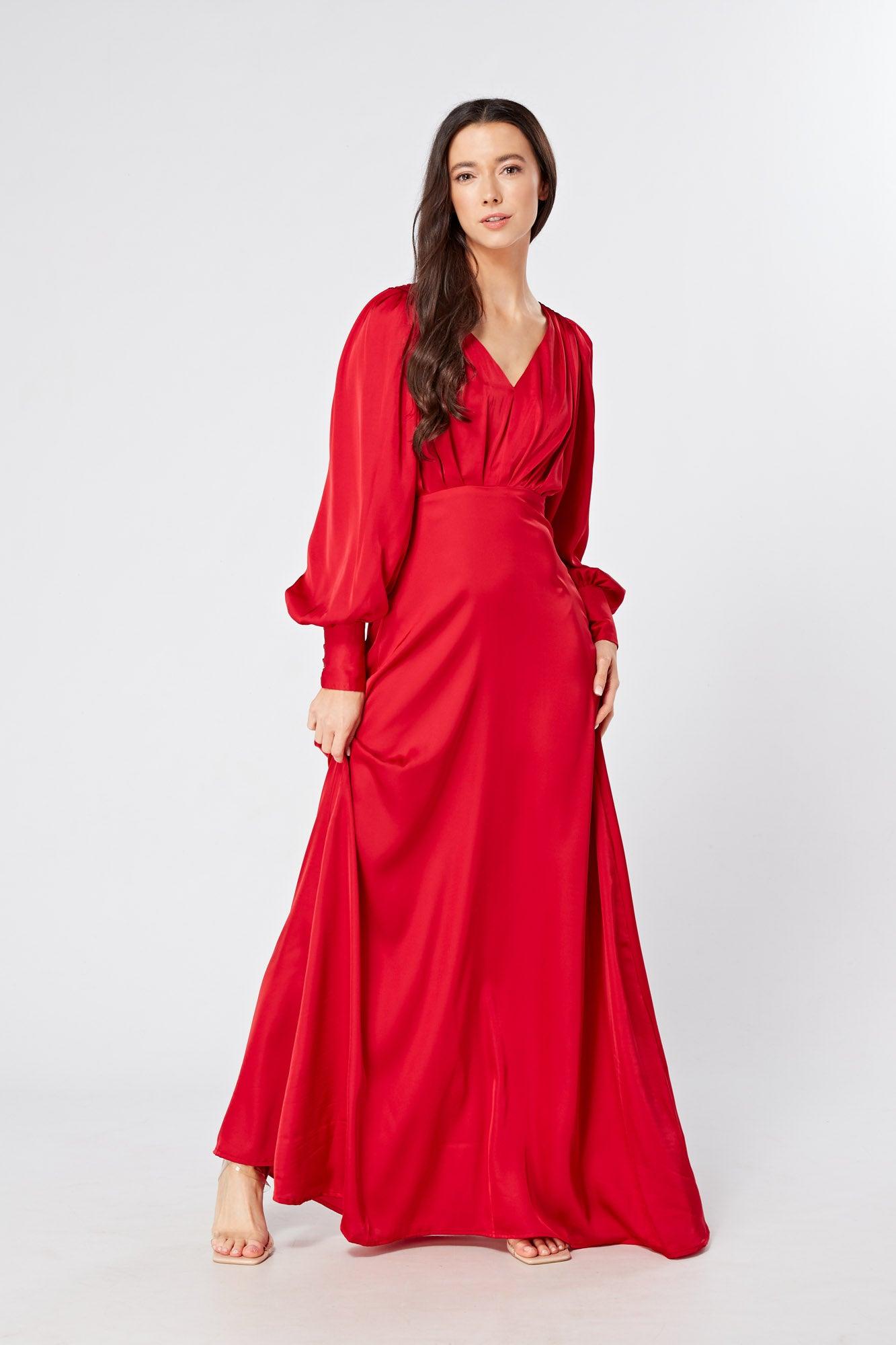 Valeria Scarlet Red Satin Luxury Maxi Dress With Long Sleeves - TAHLIRA