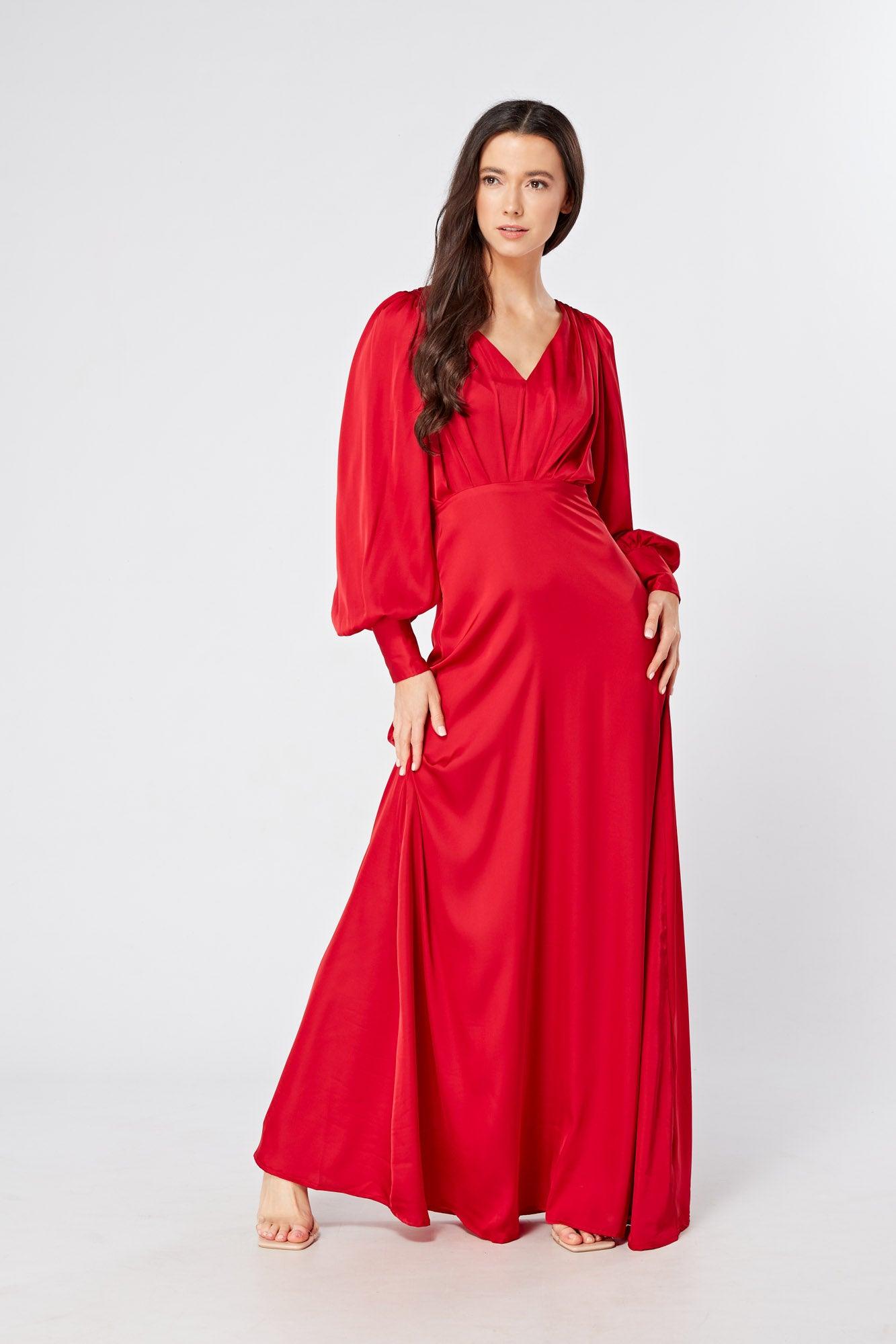 Valeria Scarlet Red Satin Luxury Maxi Dress With Long Sleeves - TAHLIRA