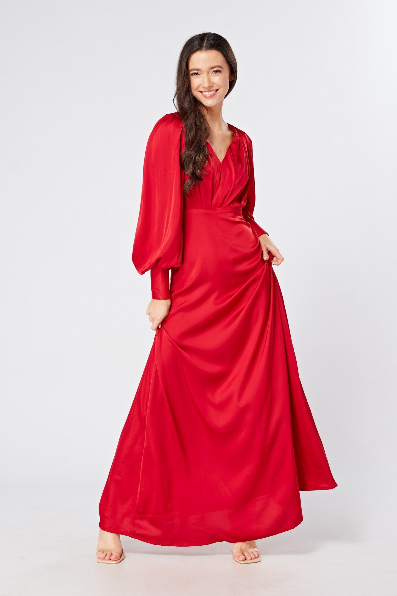 Valeria Scarlet Red Satin Luxury Maxi Dress With Long Sleeves - M Valeria Scarlet Red Satin Luxury Maxi Dress With Long Sleeves - M