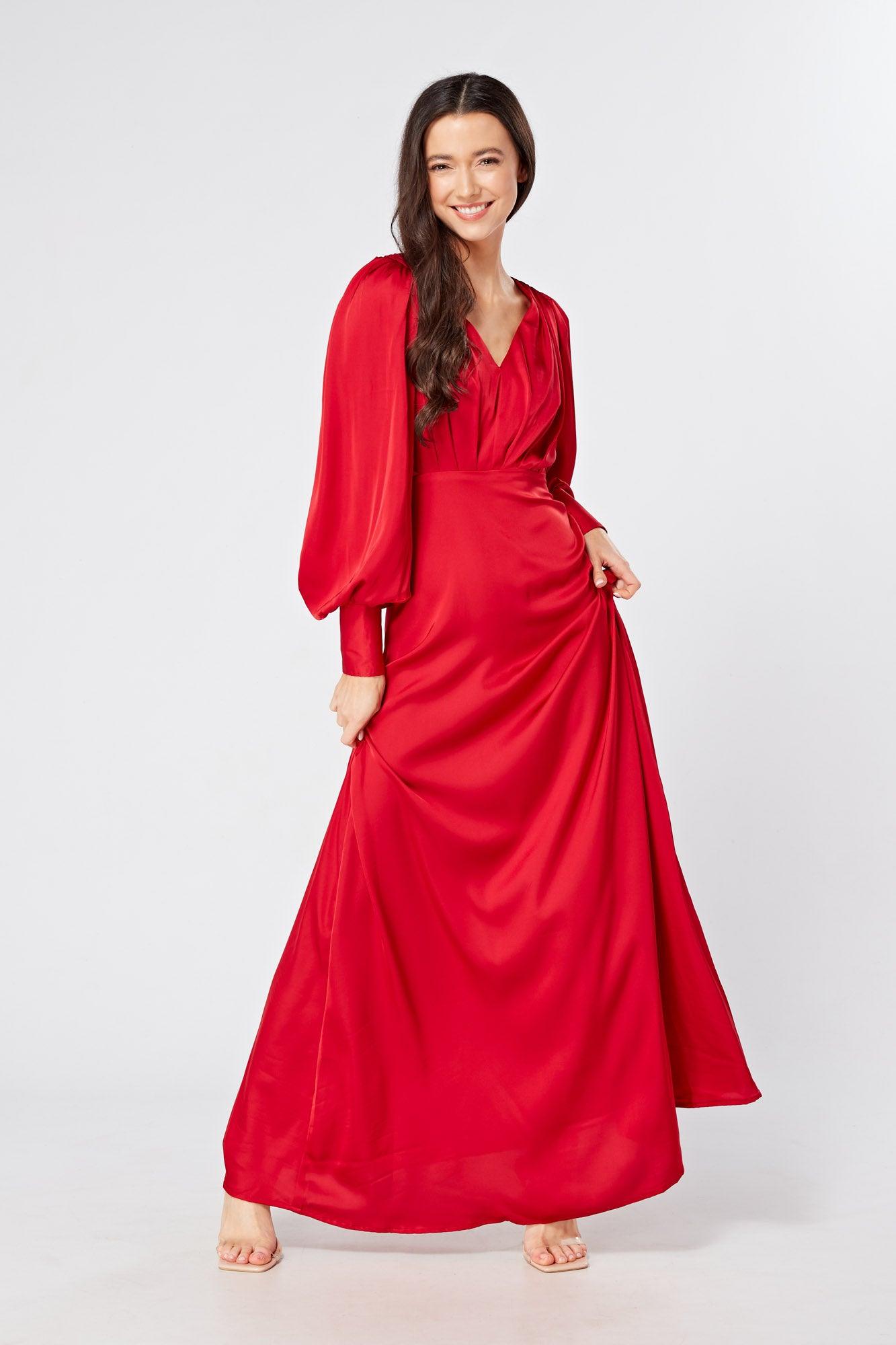 Valeria Scarlet Red Satin Luxury Maxi Dress With Long Sleeves - TAHLIRA