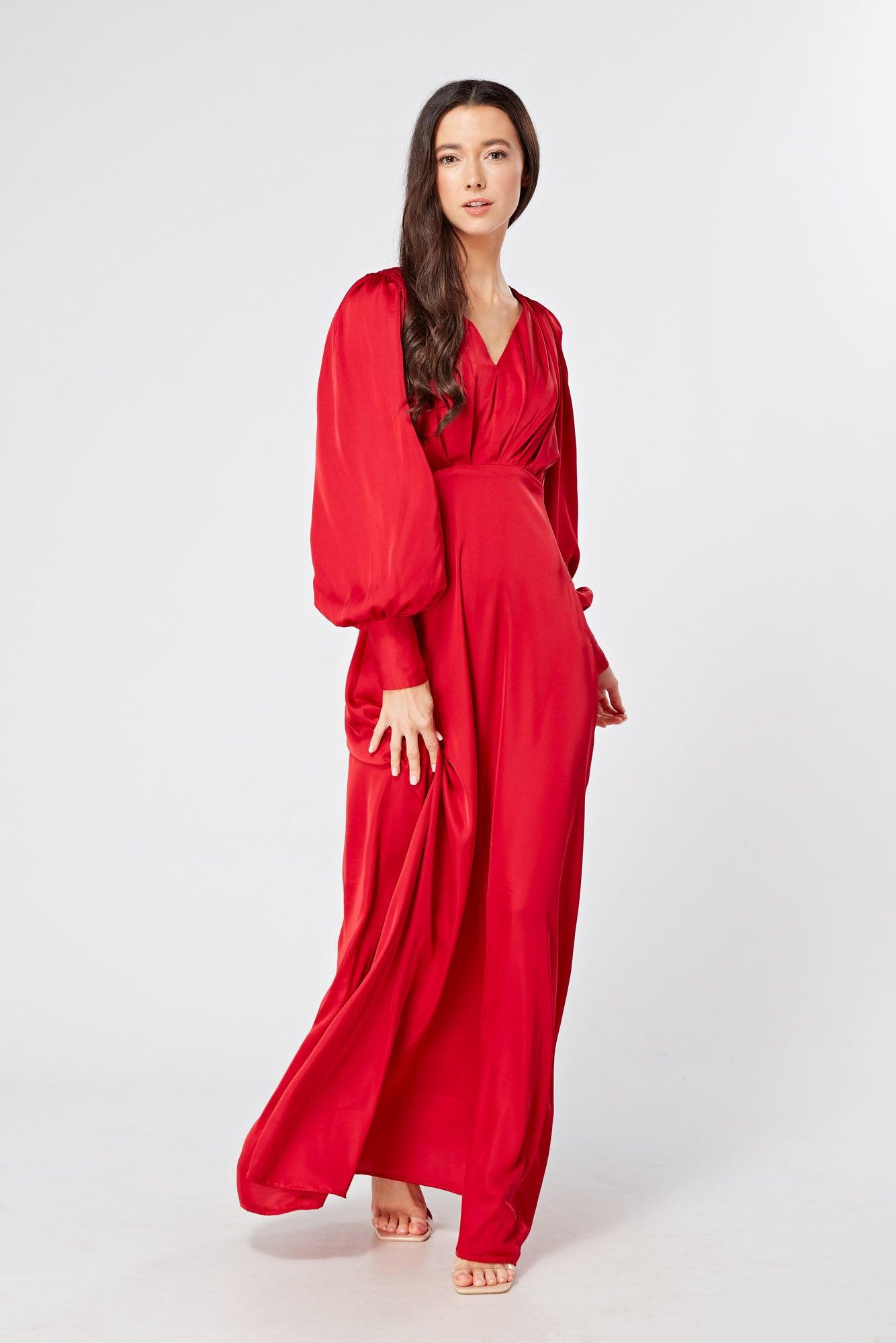 Valeria Scarlet Red Satin Luxury Maxi Dress With Long Sleeves - TAHLIRA