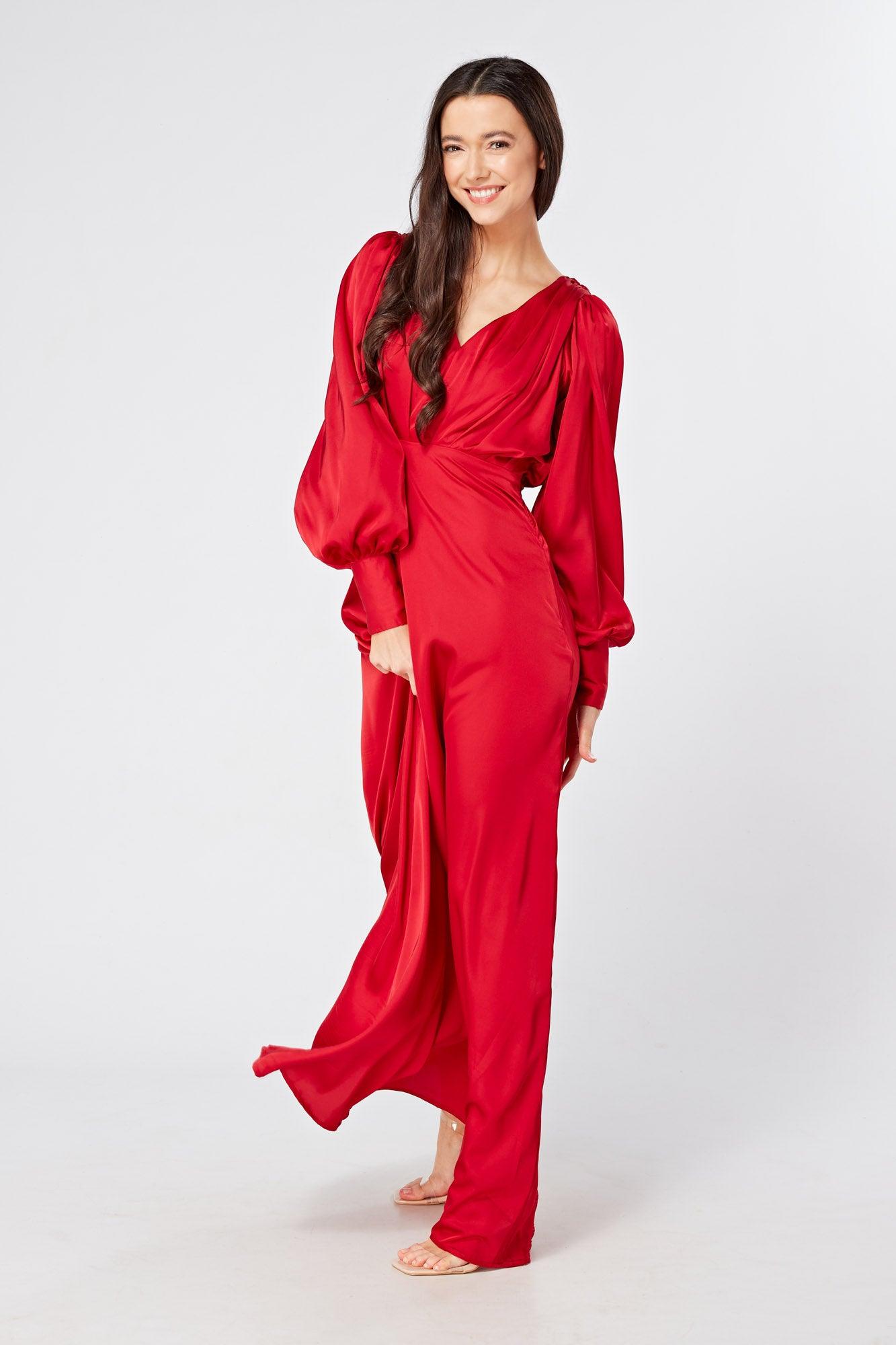 Valeria Scarlet Red Satin Luxury Maxi Dress With Long Sleeves - TAHLIRA