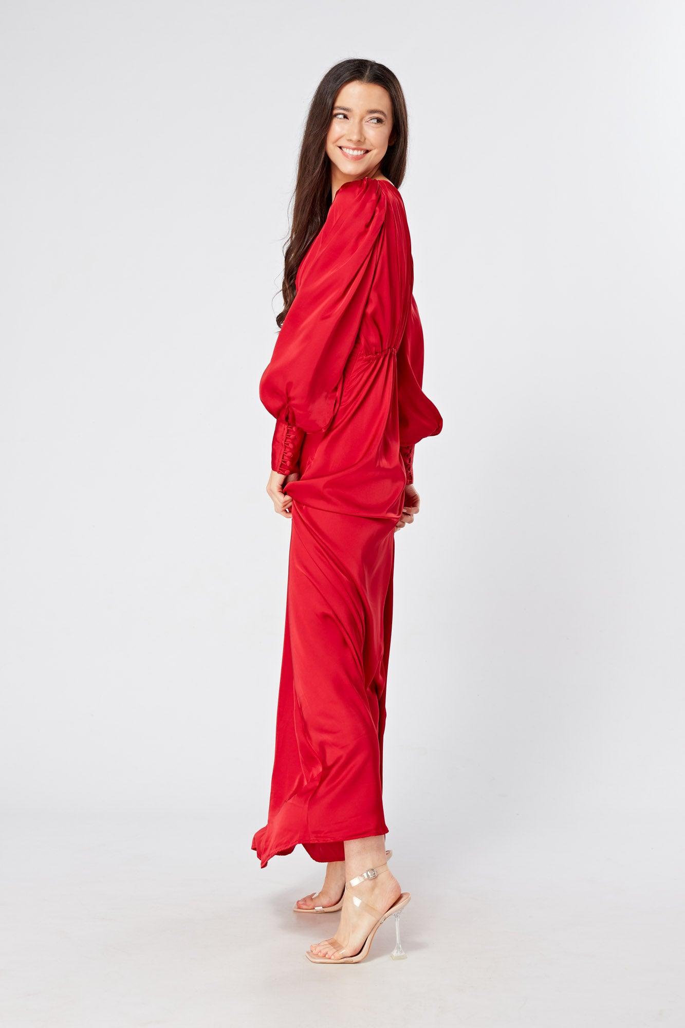 Valeria Scarlet Red Satin Luxury Maxi Dress With Long Sleeves - TAHLIRA