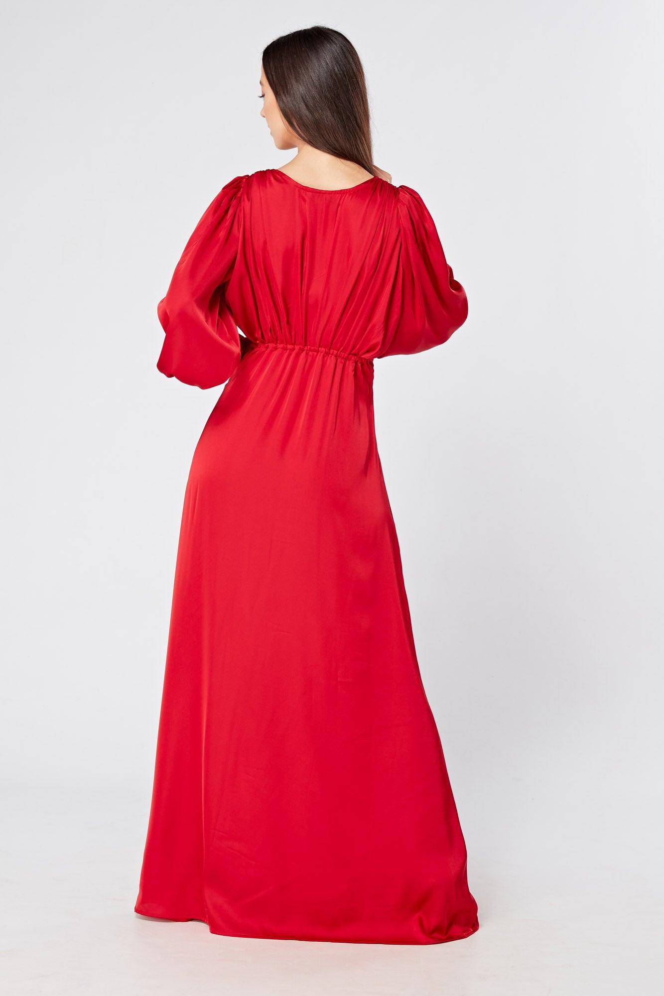 Valeria Scarlet Red Satin Luxury Maxi Dress With Long Sleeves - TAHLIRA