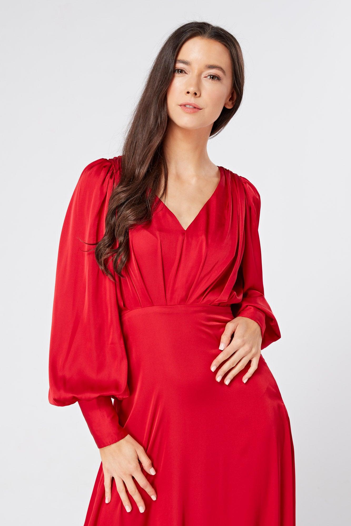 Valeria Scarlet Red Satin Luxury Maxi Dress With Long Sleeves - TAHLIRA