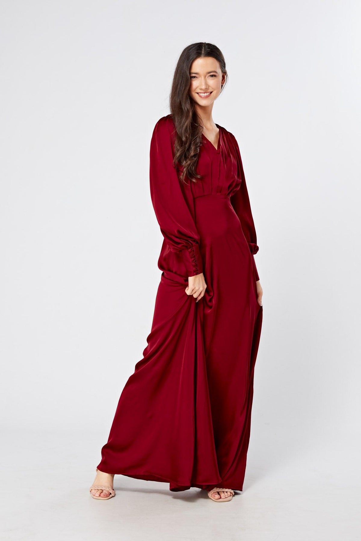 Norina Deep Red Satin Maxi Dress With Long Sleeves - TAHLIRA