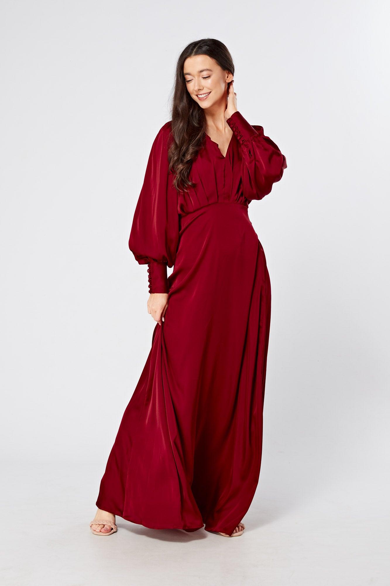 Norina Deep Red Satin Maxi Dress With Long Sleeves - TAHLIRA