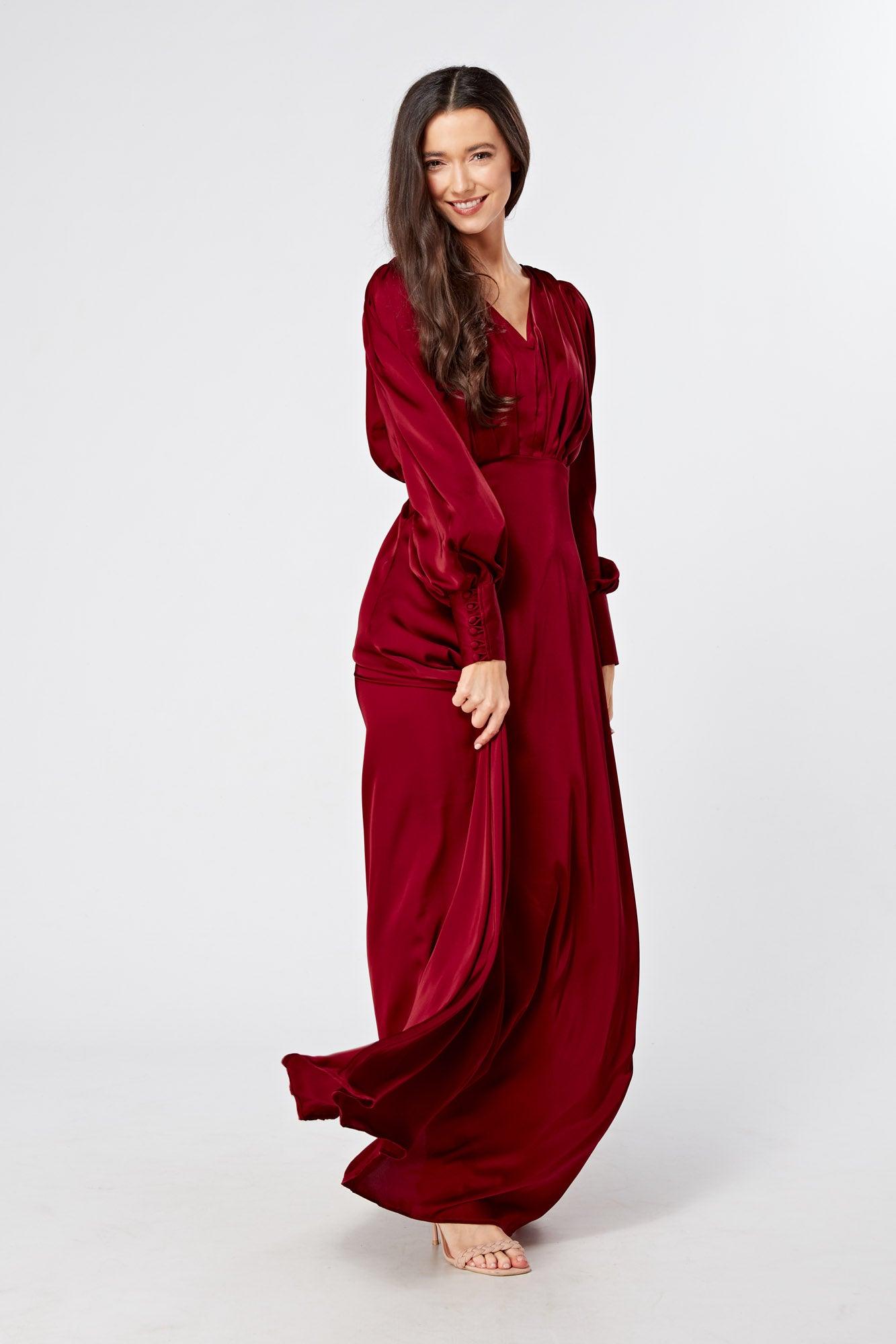 Norina Deep Red Satin Maxi Dress With Long Sleeves - TAHLIRA