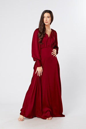 Norina Deep Red Satin Maxi Dress With Long Sleeves - TAHLIRA