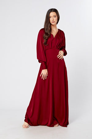 Norina Deep Red Satin Maxi Dress With Long Sleeves - TAHLIRA