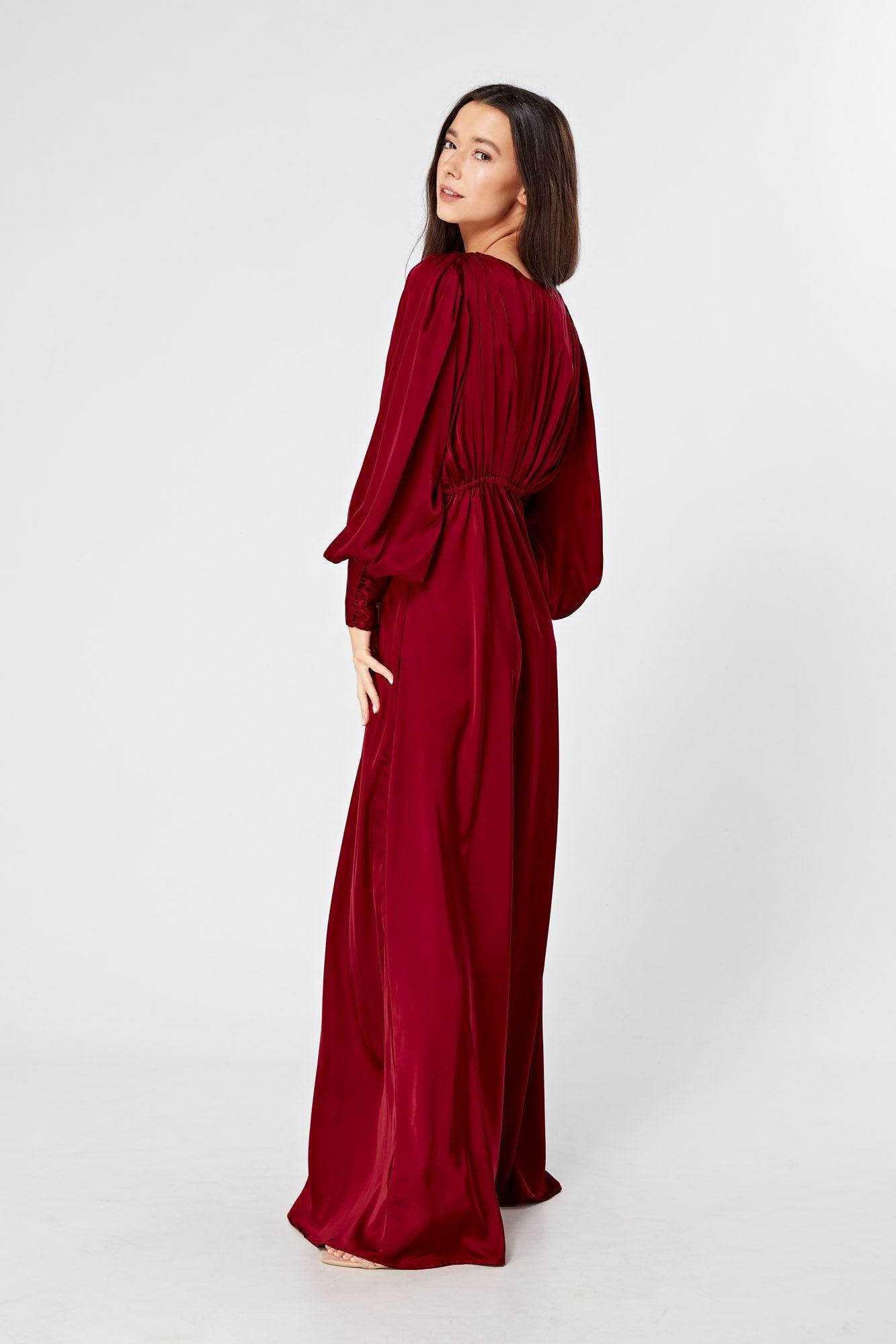 Norina Deep Red Satin Maxi Dress With Long Sleeves - TAHLIRA