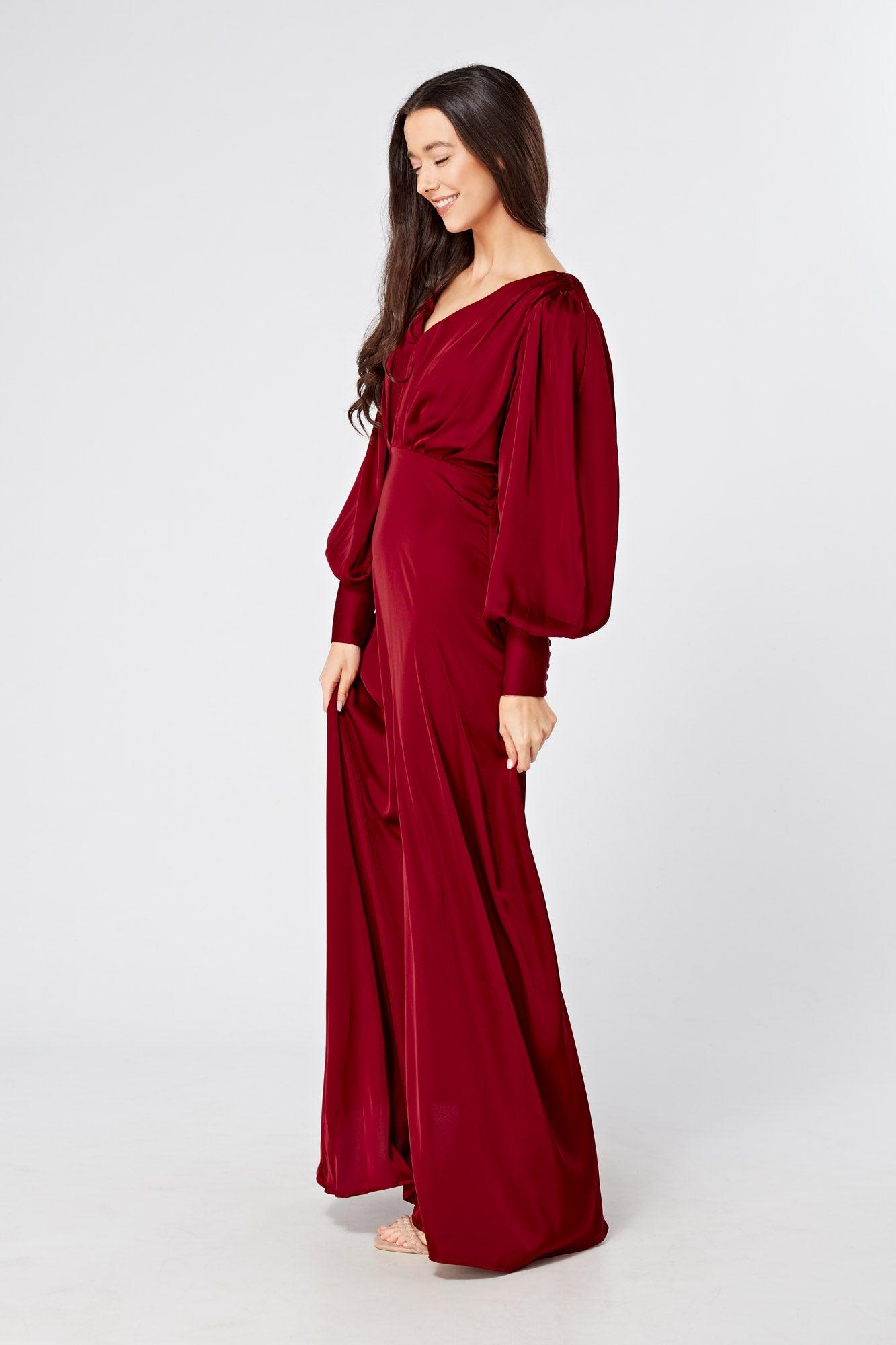 Norina Deep Red Satin Maxi Dress With Long Sleeves - TAHLIRA