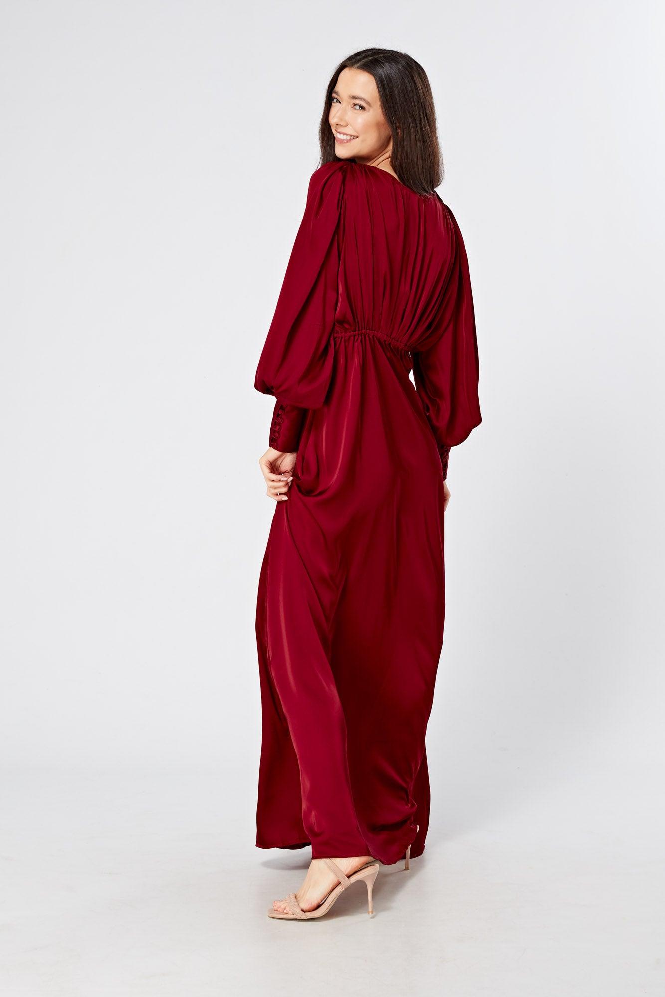 Norina Deep Red Satin Maxi Dress With Long Sleeves - TAHLIRA