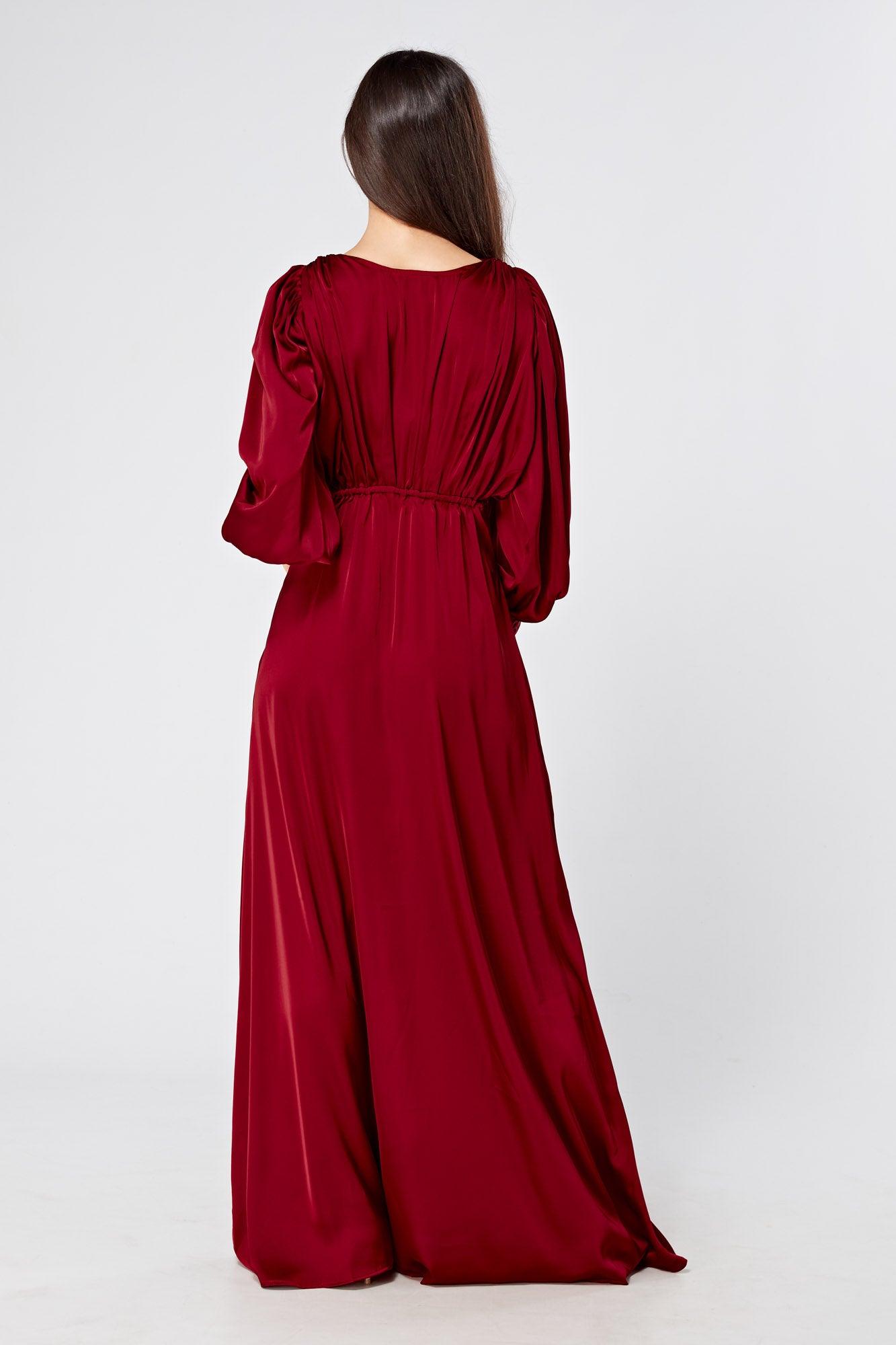 Norina Deep Red Satin Maxi Dress With Long Sleeves - TAHLIRA