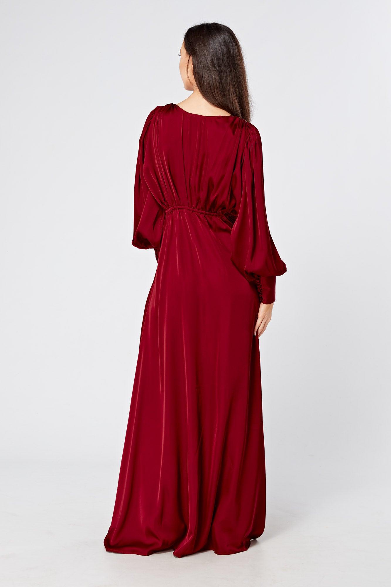 Norina Deep Red Satin Maxi Dress With Long Sleeves - TAHLIRA