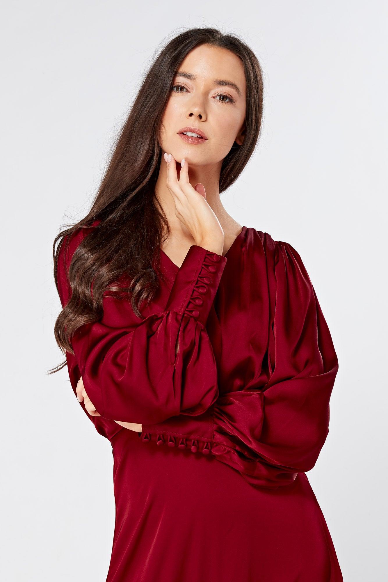 Norina Deep Red Satin Maxi Dress With Long Sleeves - TAHLIRA