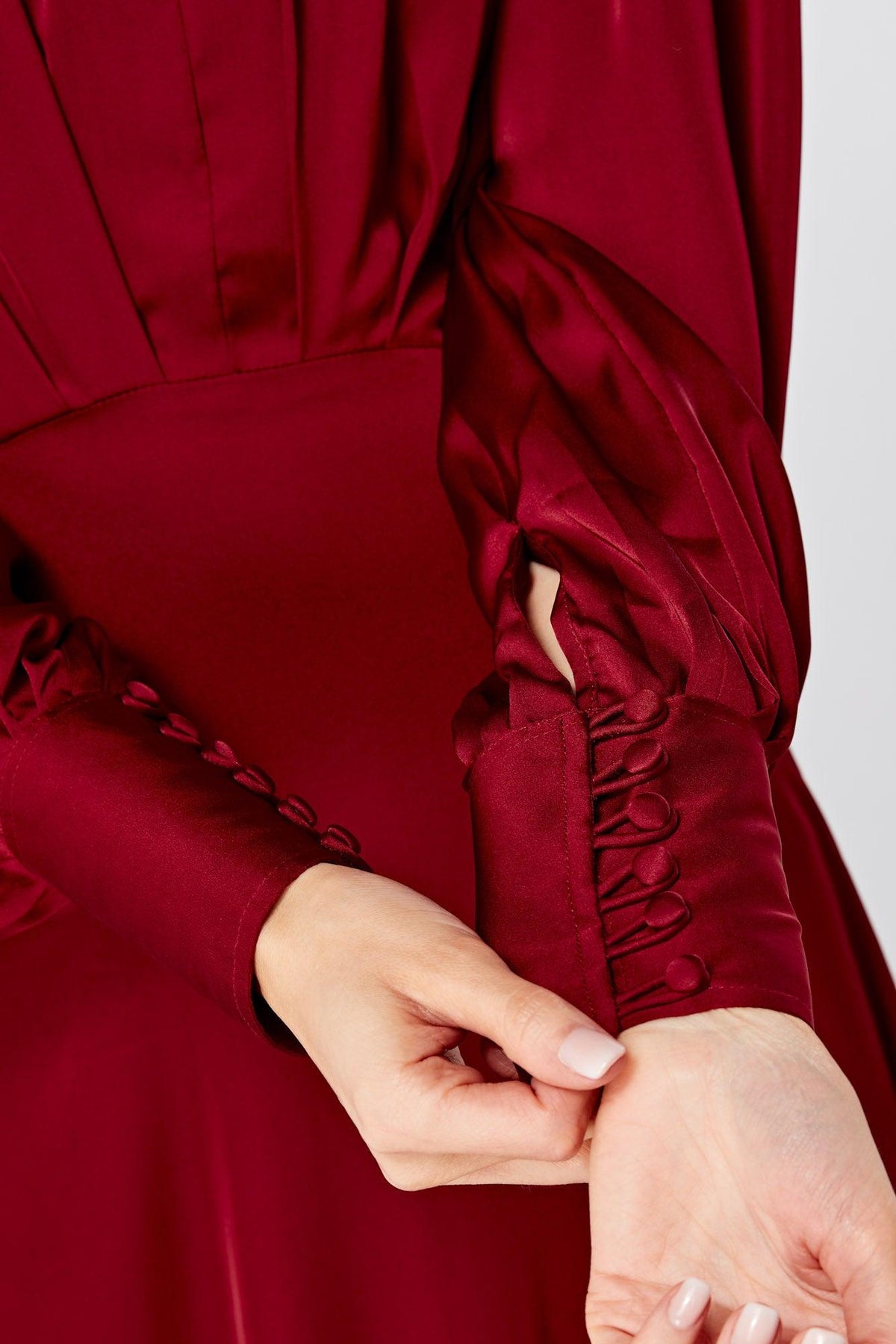 Norina Deep Red Satin Maxi Dress With Long Sleeves - TAHLIRA