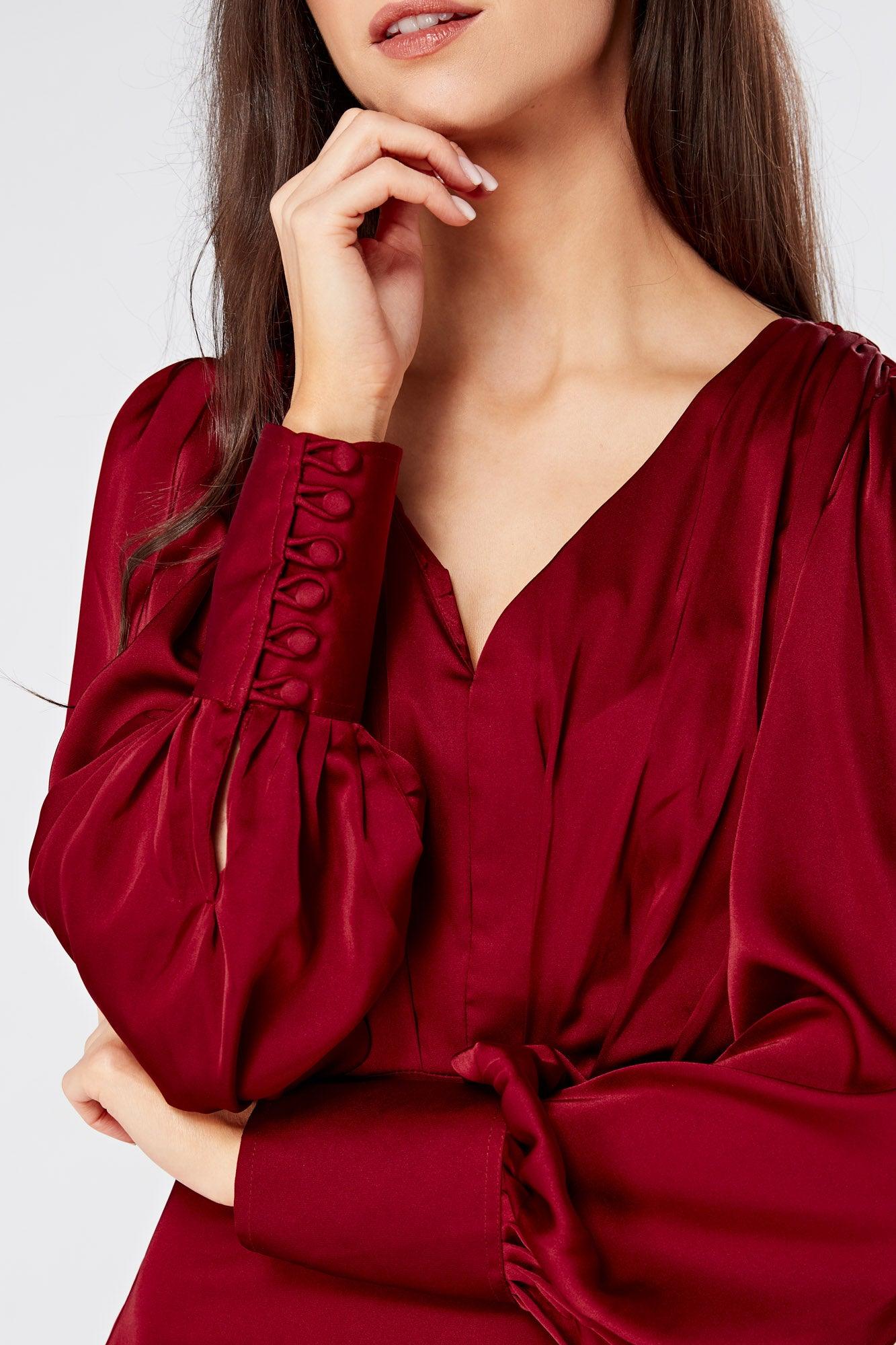 Norina Deep Red Satin Maxi Dress With Long Sleeves - TAHLIRA