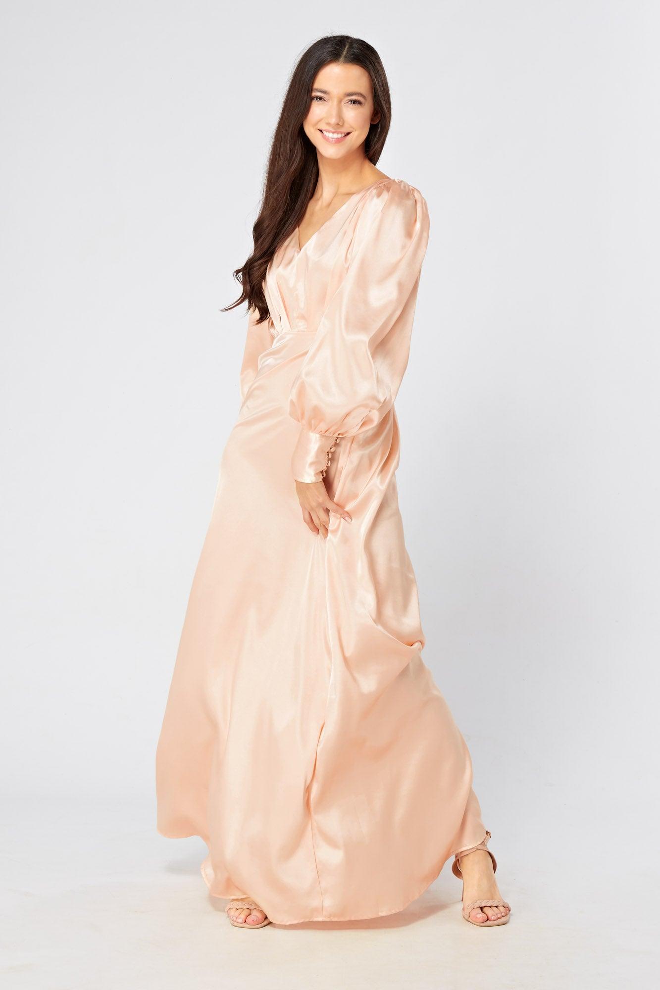 Daphne Peach Cream Satin Maxi Gown with Long Sleeves Daphne Peach Cream Satin Maxi Gown with Long Sleeves