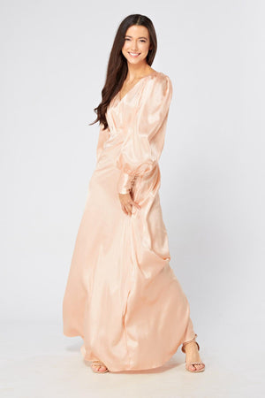 Daphne Peach Cream Satin Maxi Gown with long sleeves - TAHLIRA