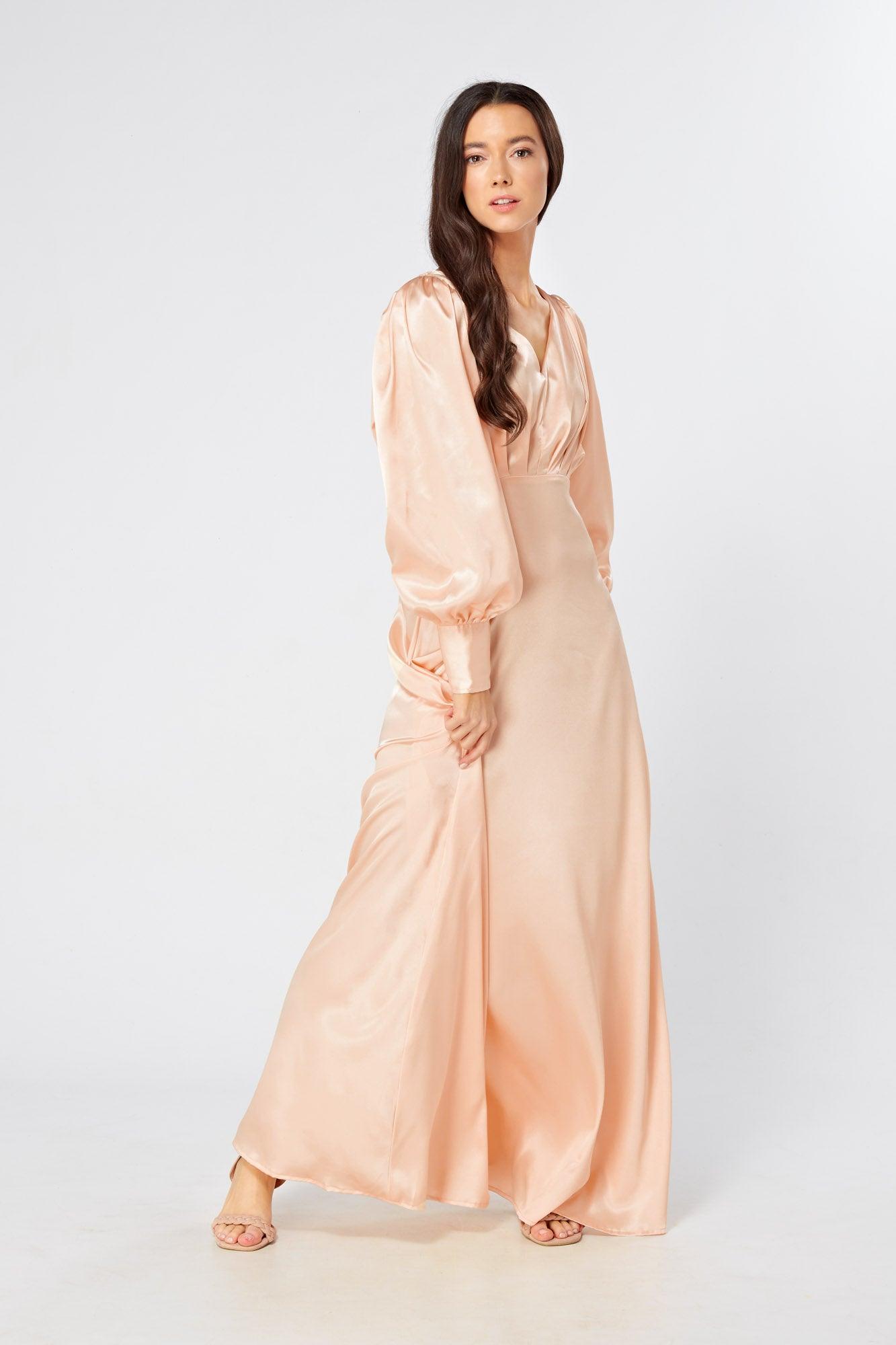 Daphne Peach Cream Satin Maxi Gown with long sleeves - TAHLIRA