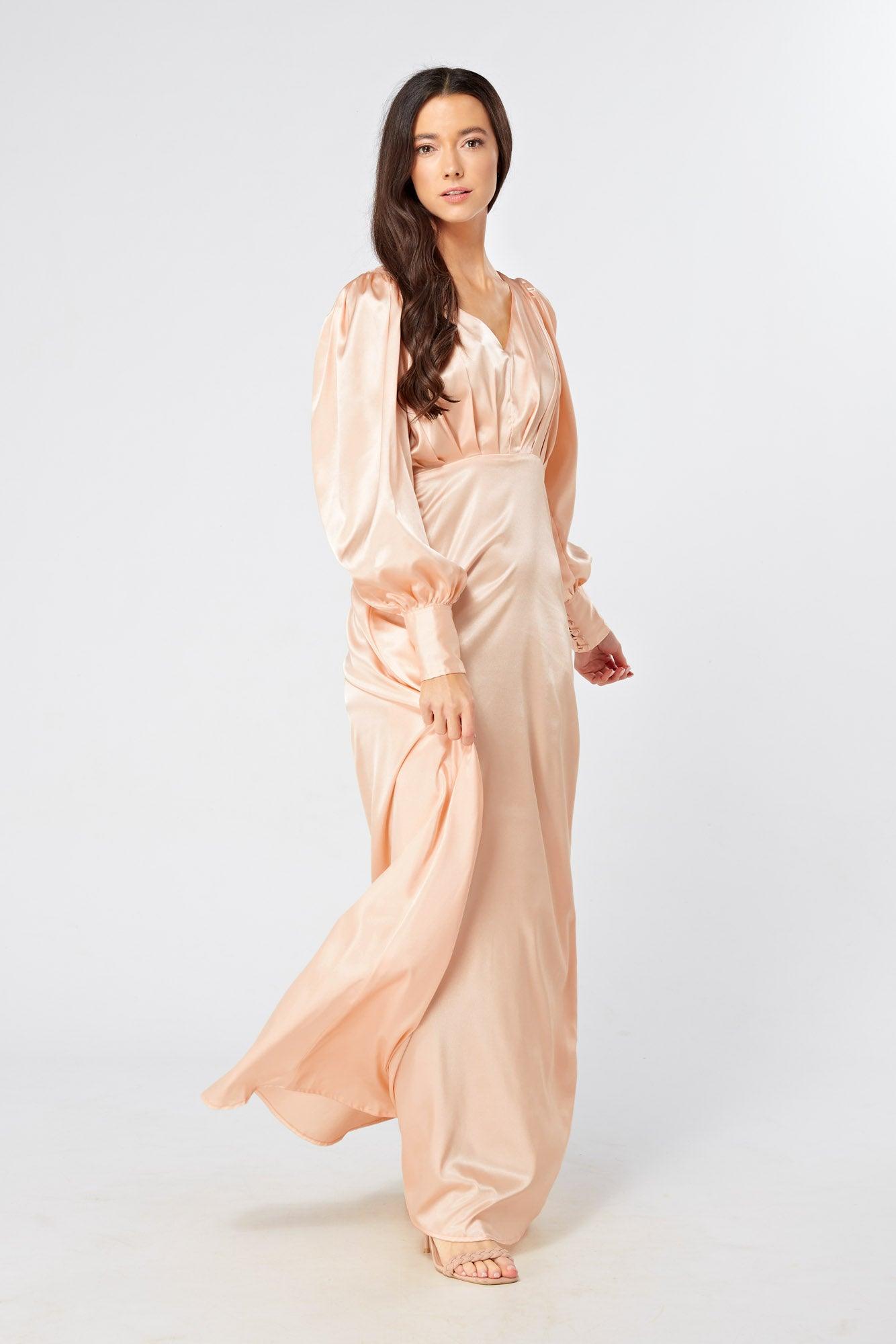 Daphne Peach Cream Satin Maxi Gown with long sleeves - TAHLIRA