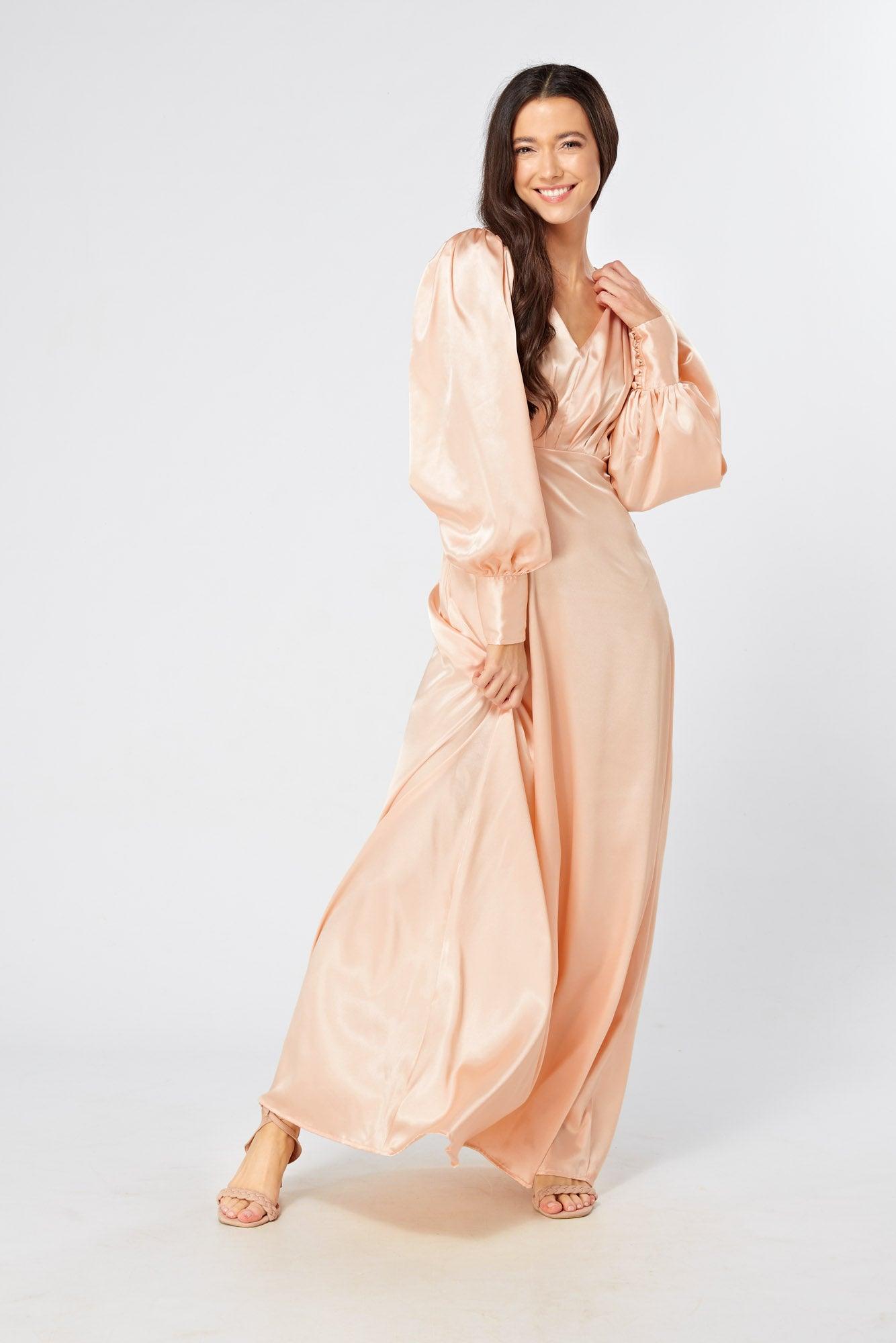 Daphne Peach Cream Satin Maxi Gown with long sleeves - TAHLIRA