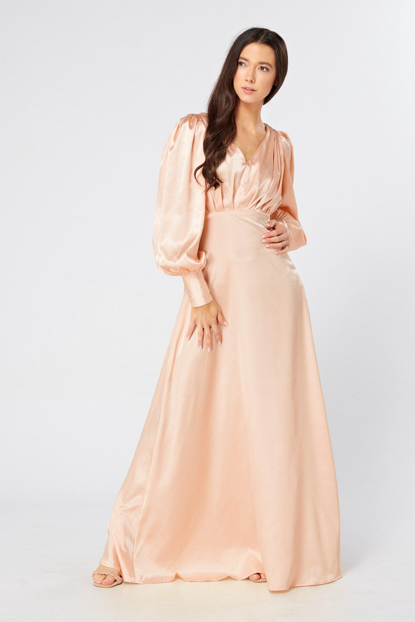 Daphne Peach Cream Satin Maxi Gown with long sleeves - TAHLIRA