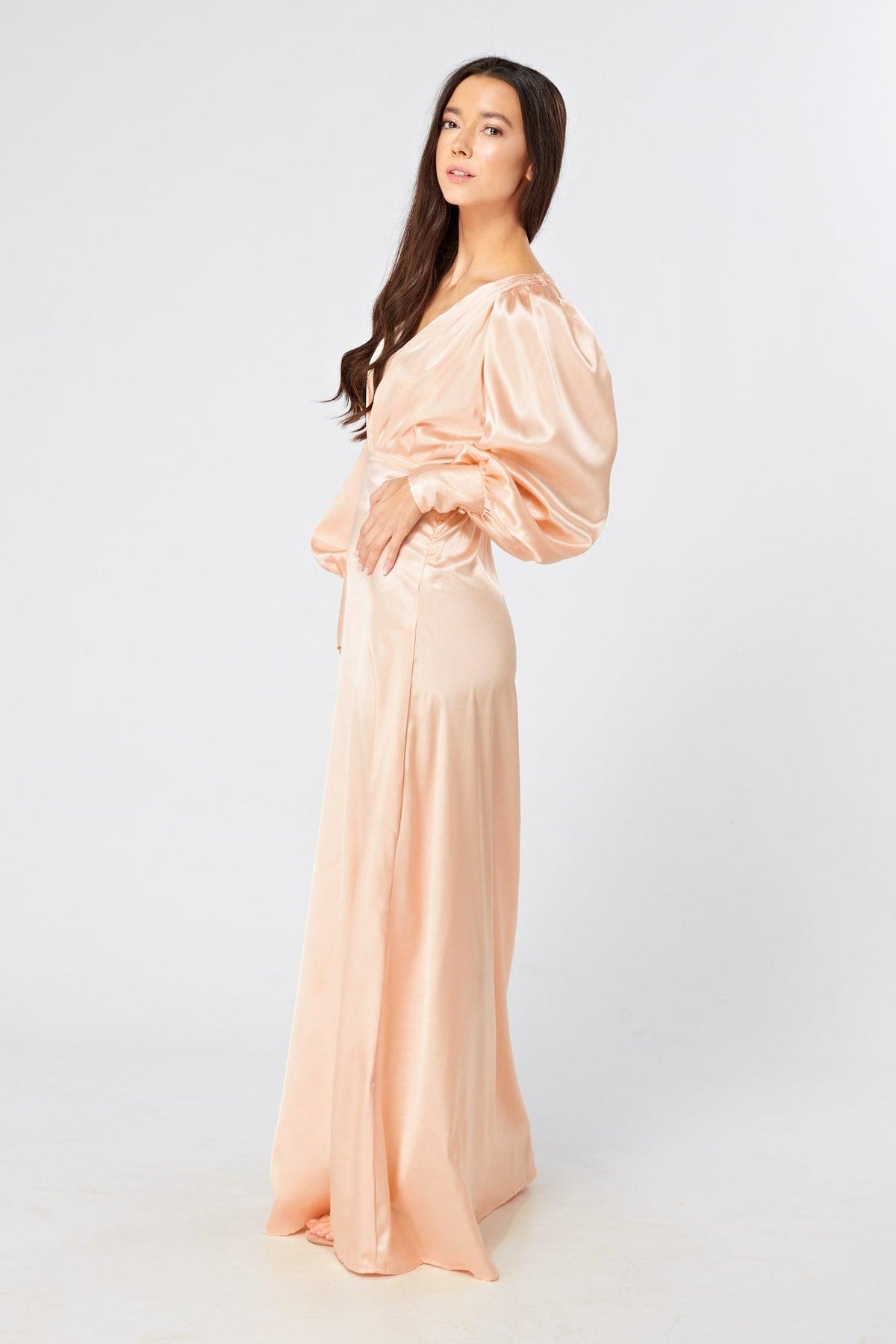Daphne Peach Cream Satin Maxi Gown with long sleeves - TAHLIRA