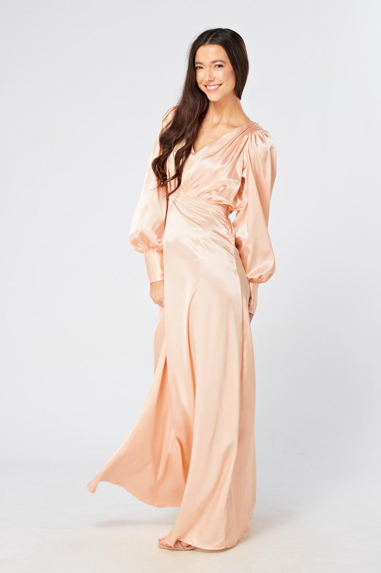 Daphne Peach Cream Satin Maxi Gown with long sleeves - TAHLIRA