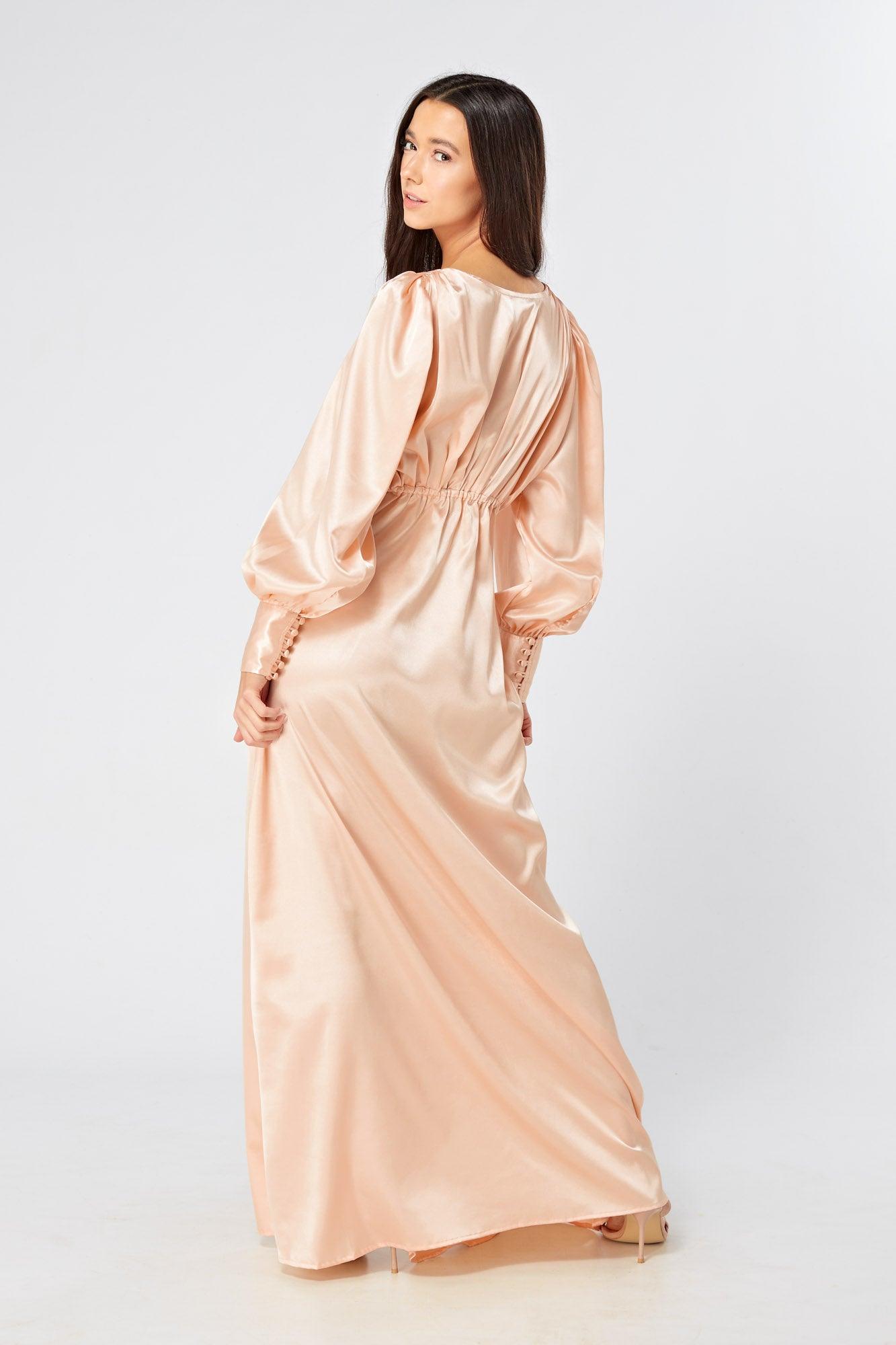 Daphne Peach Cream Satin Maxi Gown with long sleeves - TAHLIRA