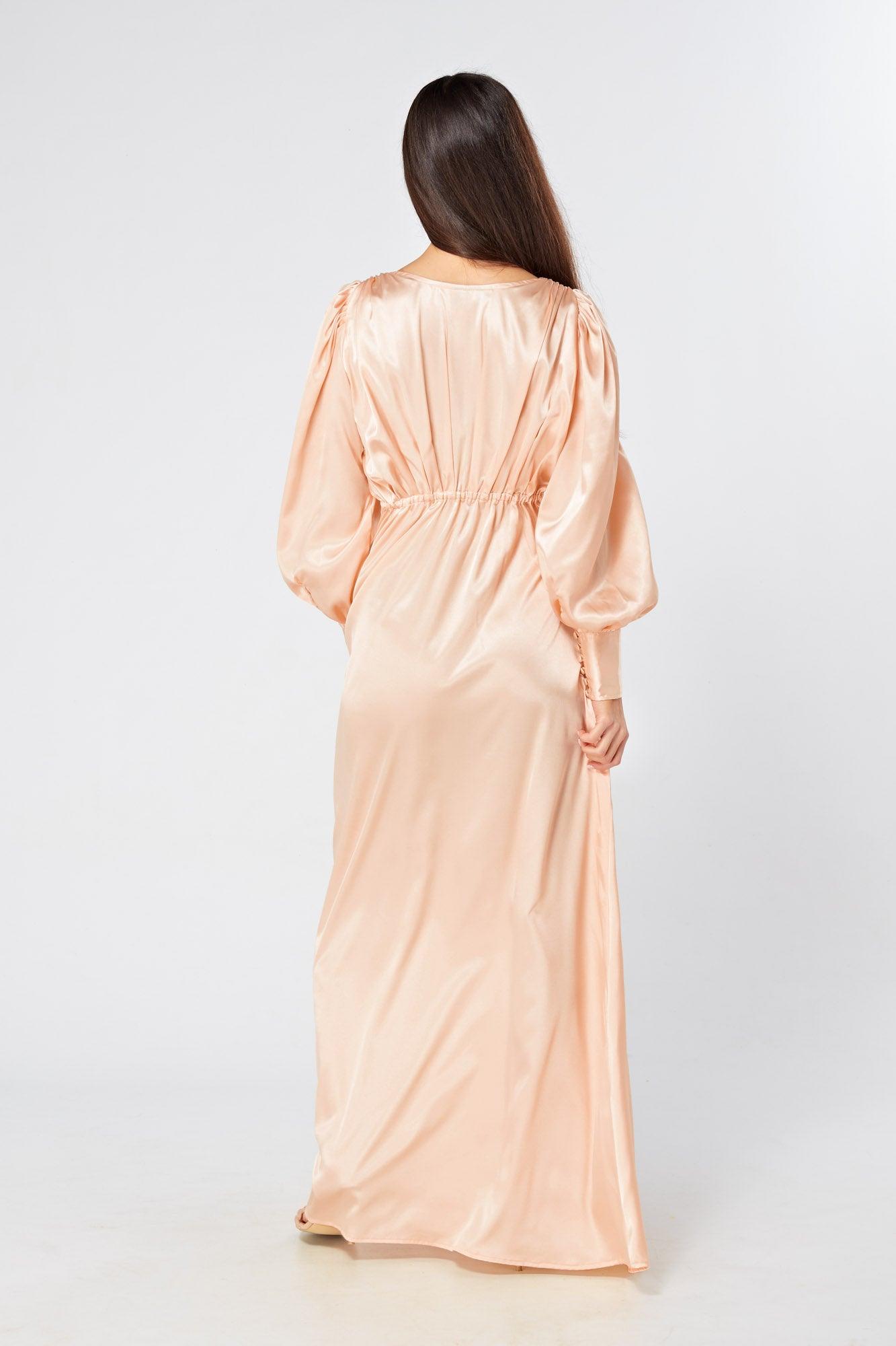 Daphne Peach Cream Satin Maxi Gown with long sleeves - TAHLIRA