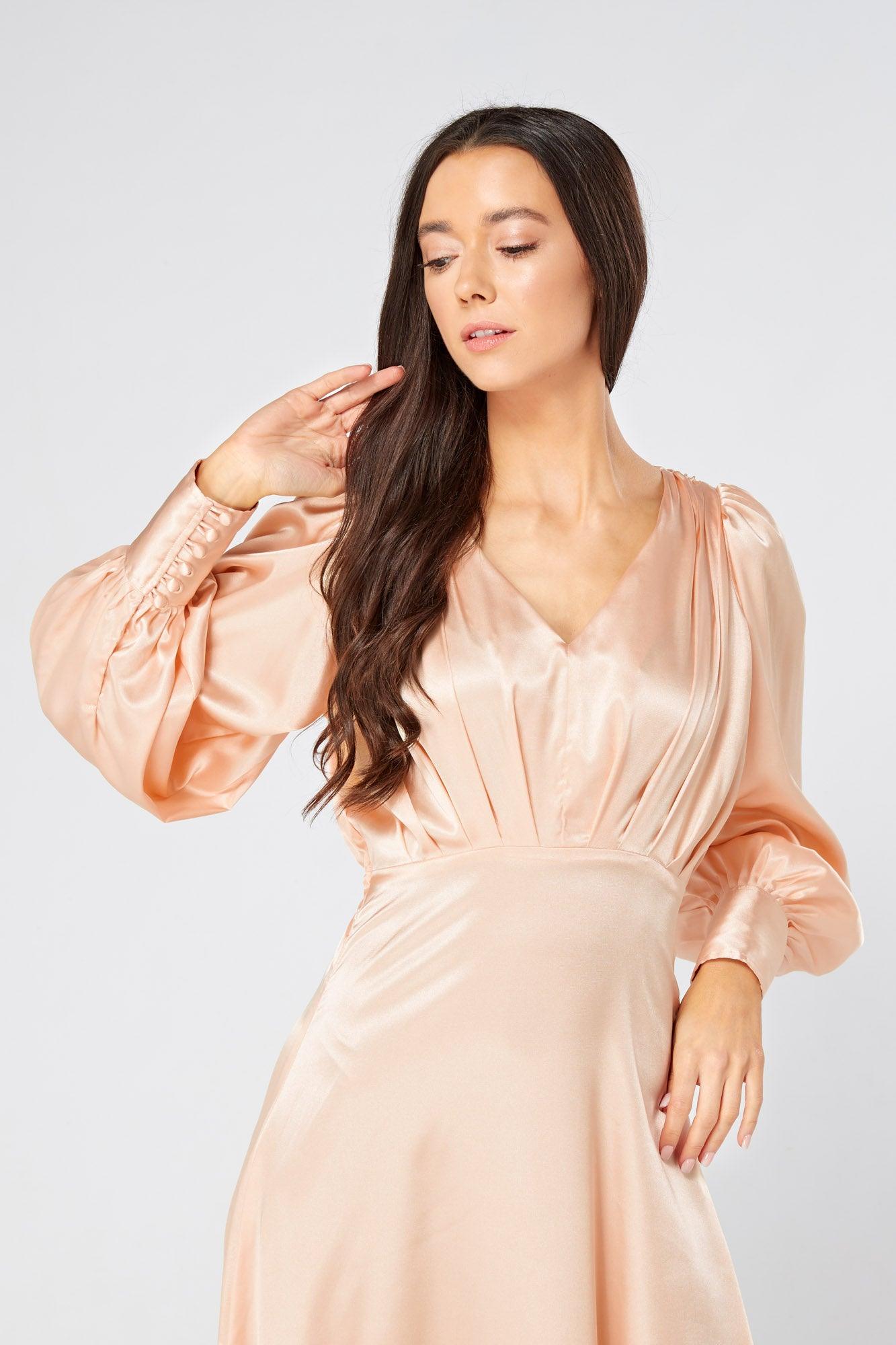 Daphne Peach Cream Satin Maxi Gown with long sleeves - TAHLIRA