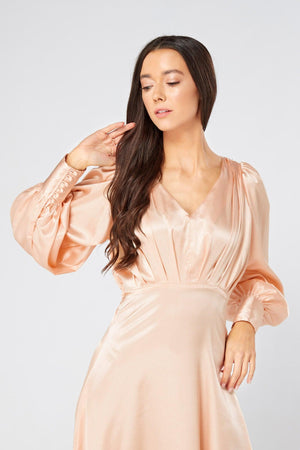 Daphne Peach Cream Satin Maxi Gown with long sleeves - TAHLIRA
