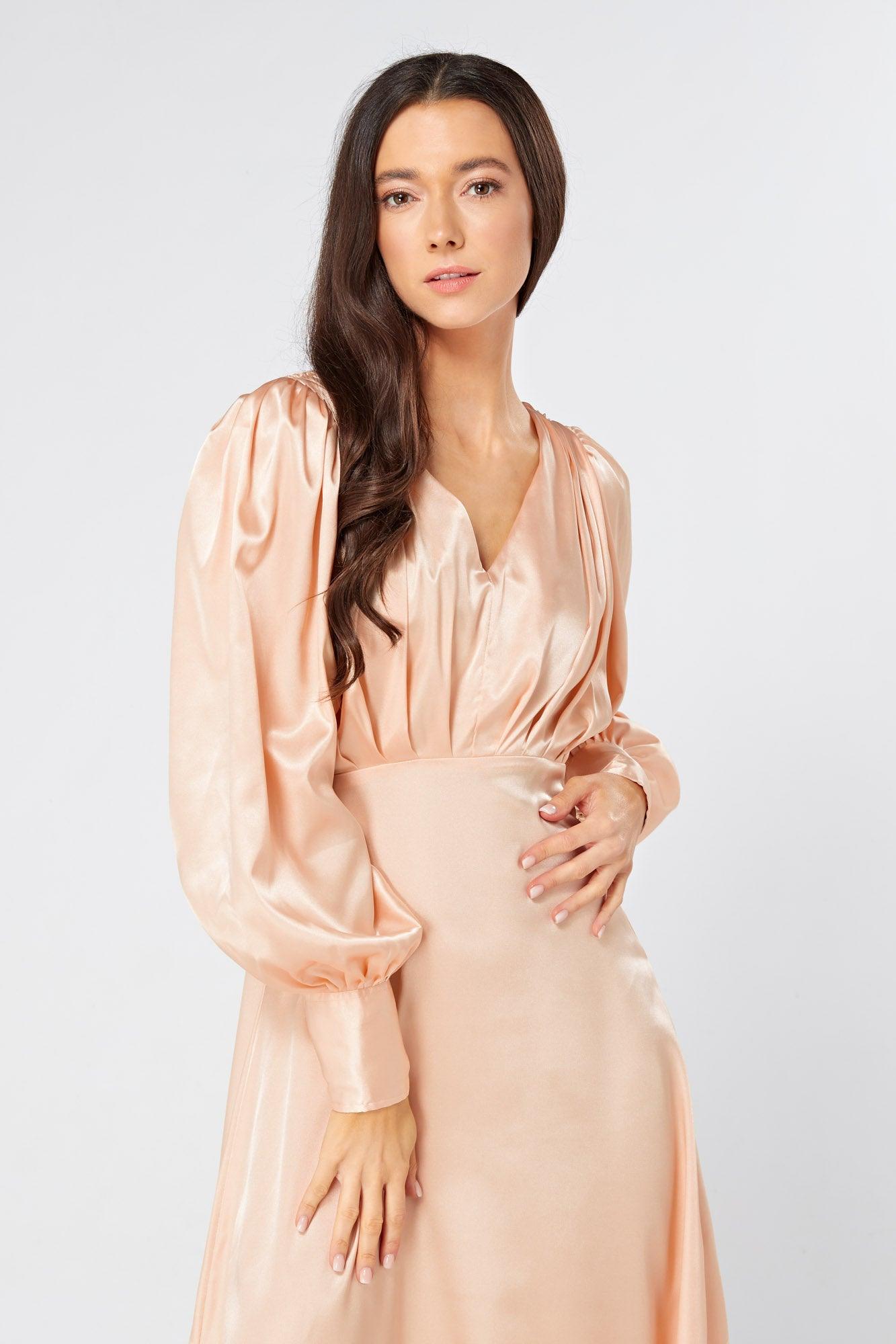 Daphne Peach Cream Satin Maxi Gown with long sleeves - TAHLIRA