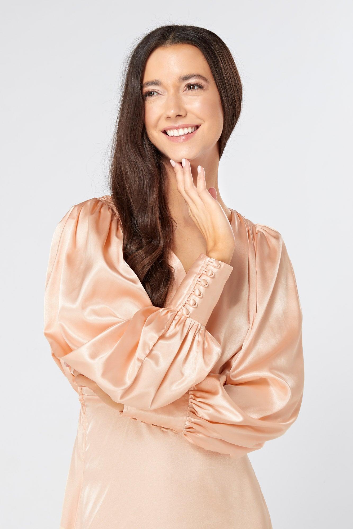 Daphne Peach Cream Satin Maxi Gown with long sleeves - TAHLIRA