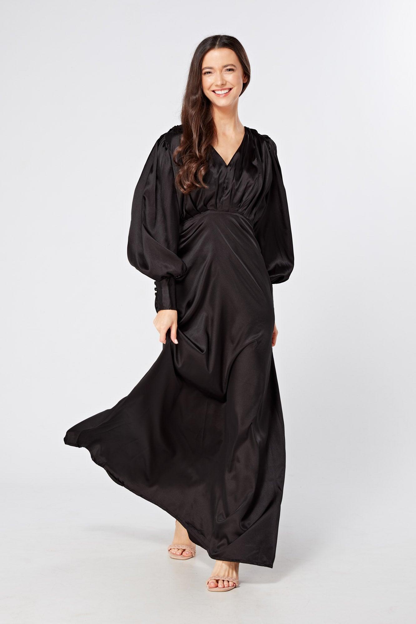 Colette Black Satin Maxi Gown with long sleeves - TAHLIRA