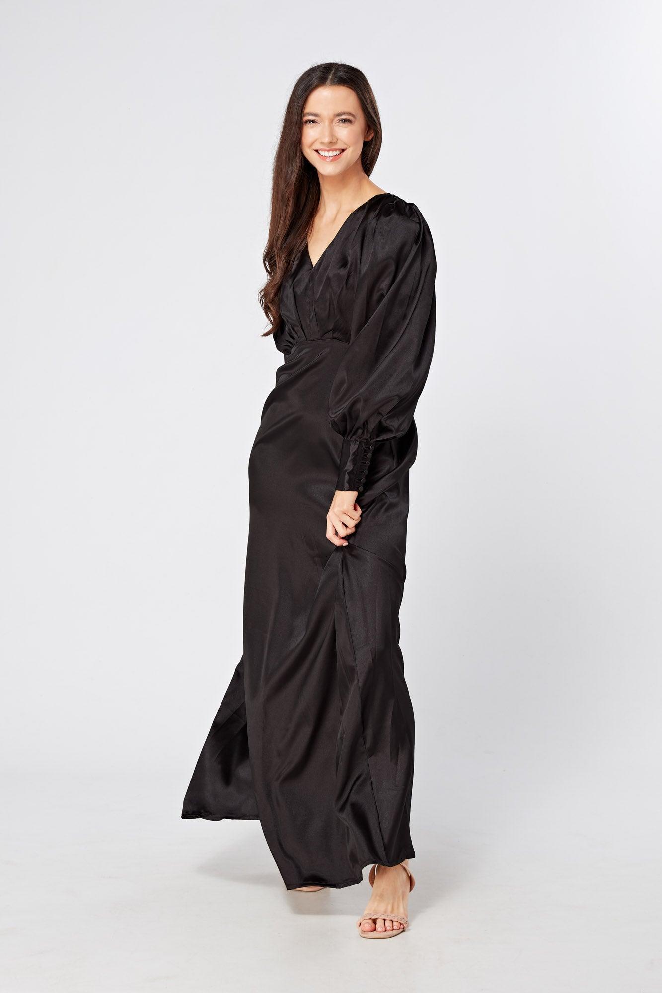 Colette Black Satin Maxi Gown with long sleeves - TAHLIRA