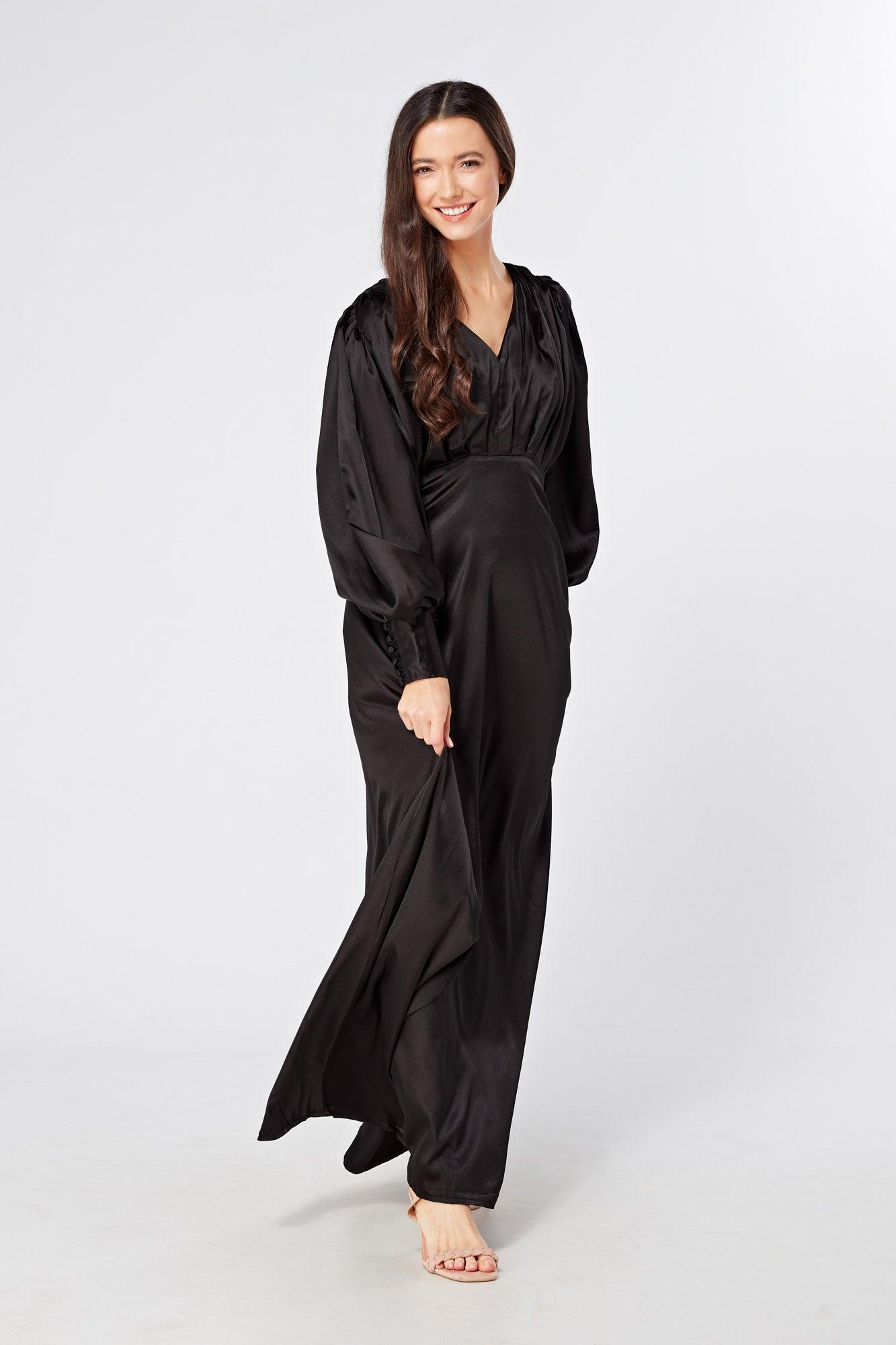 Colette Black Satin Maxi Gown with long sleeves - TAHLIRA