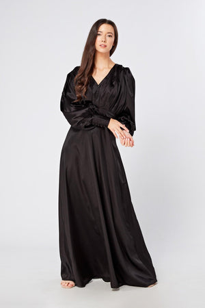 Colette Black Satin Maxi Gown with long sleeves - TAHLIRA