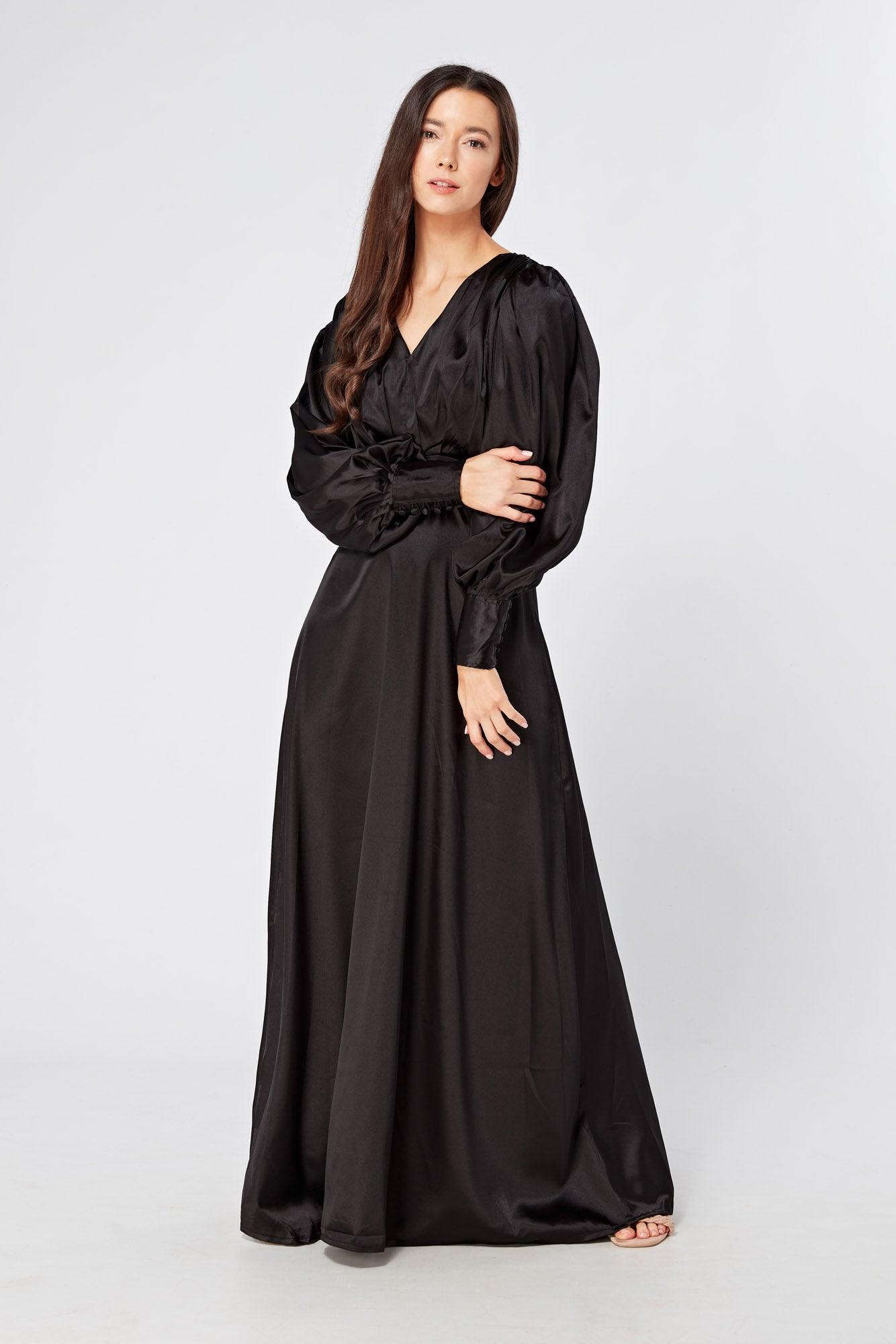 Colette Black Satin Maxi Gown with long sleeves - TAHLIRA