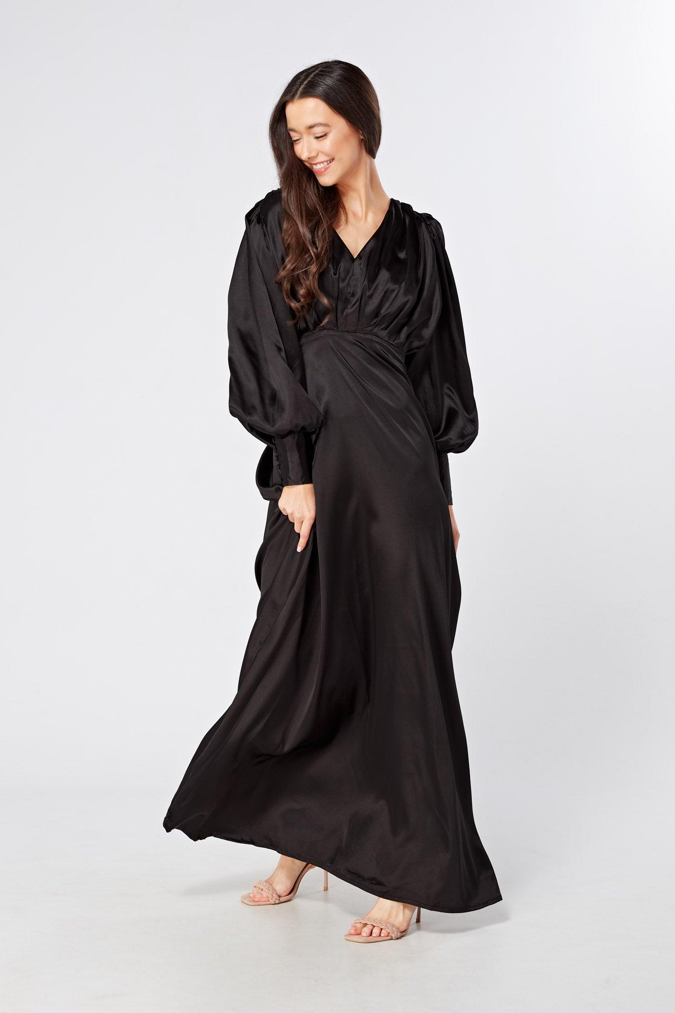 Colette Black Satin Maxi Gown with long sleeves - TAHLIRA