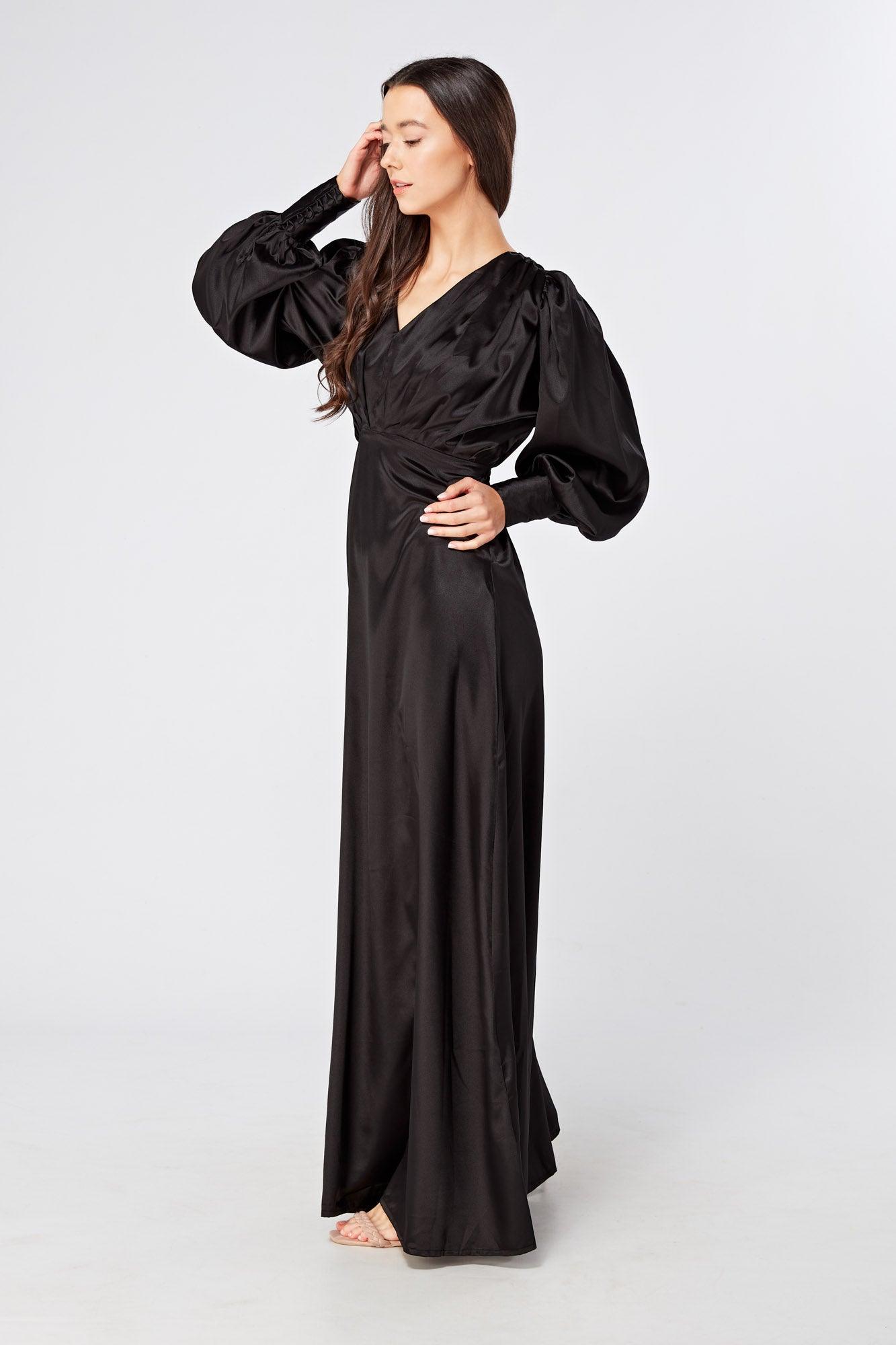 Colette Black Satin Maxi Gown with long sleeves - TAHLIRA