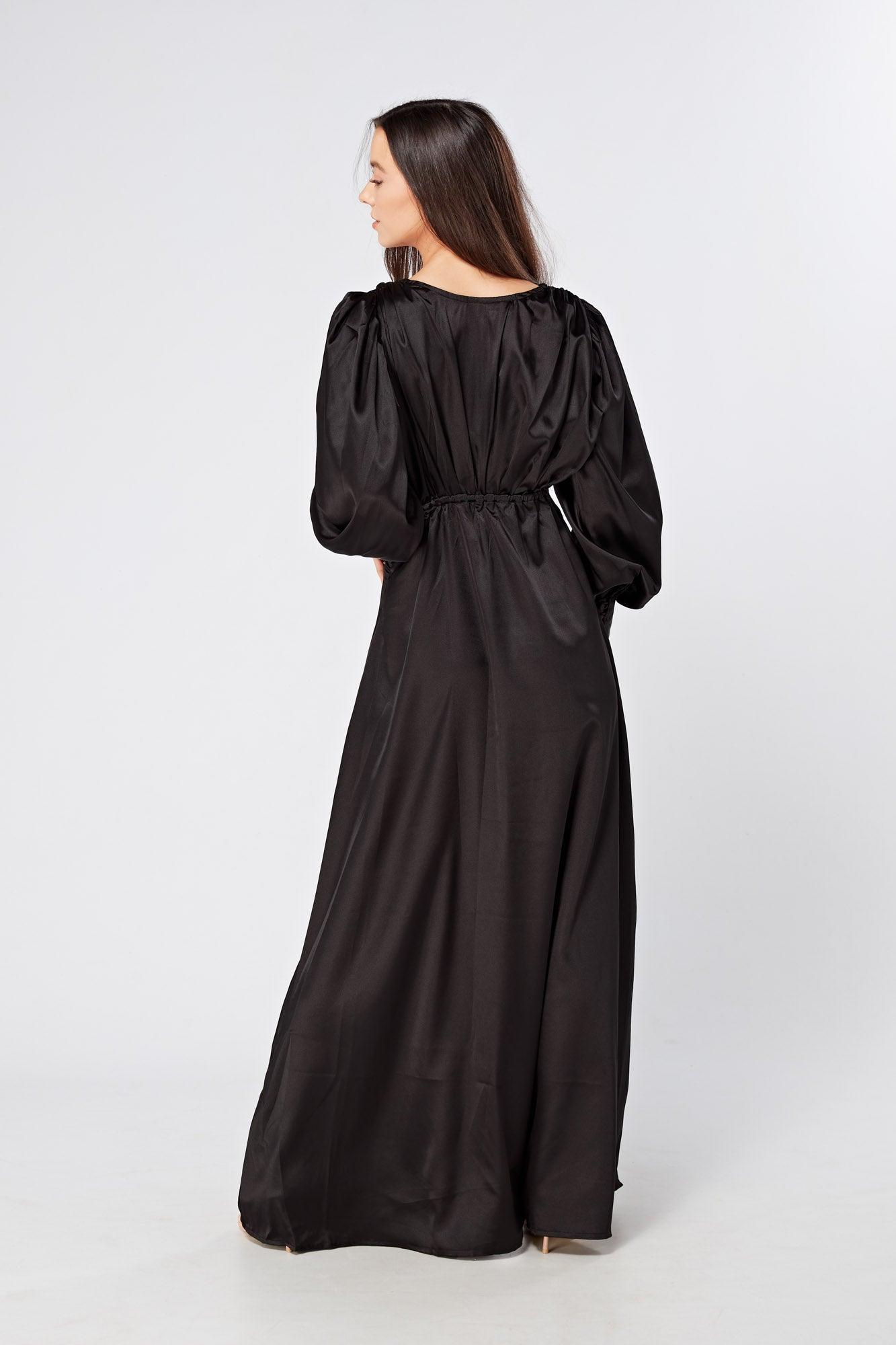 Colette Black Satin Maxi Gown with long sleeves - TAHLIRA