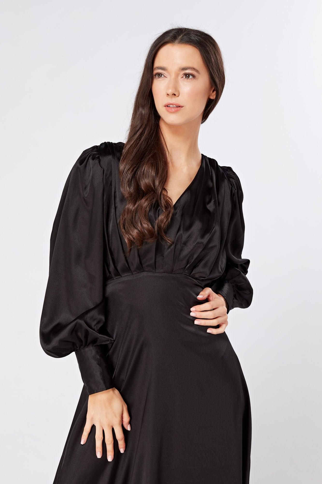 Colette Black Satin Maxi Gown with long sleeves - TAHLIRA